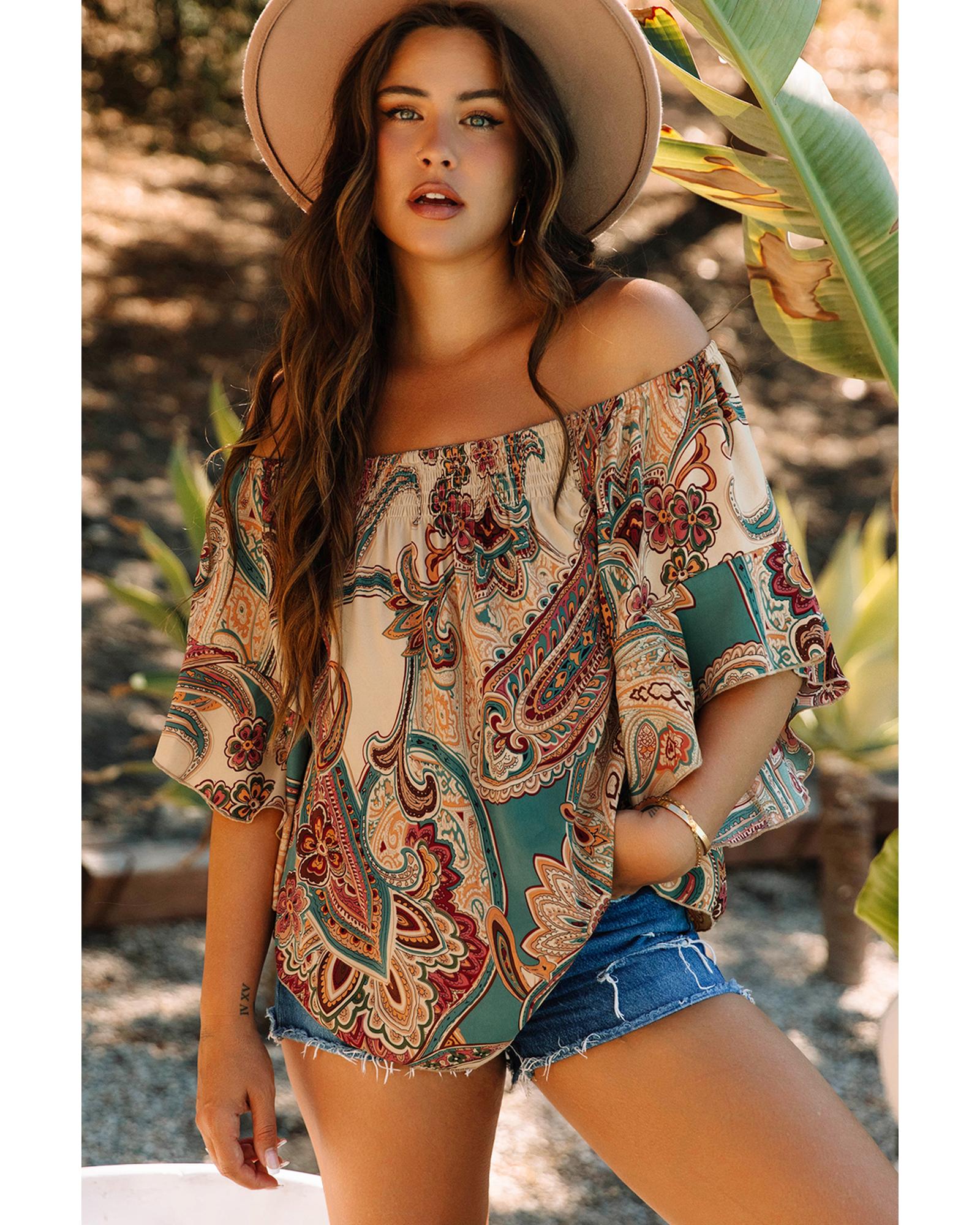 V539-AZEXDC25129433-P1820-M-202508270725-00 Apricot Paisley Printed Shirred Off Shoulder Ruffled Draped Sleeve Blouse - M - Image 1