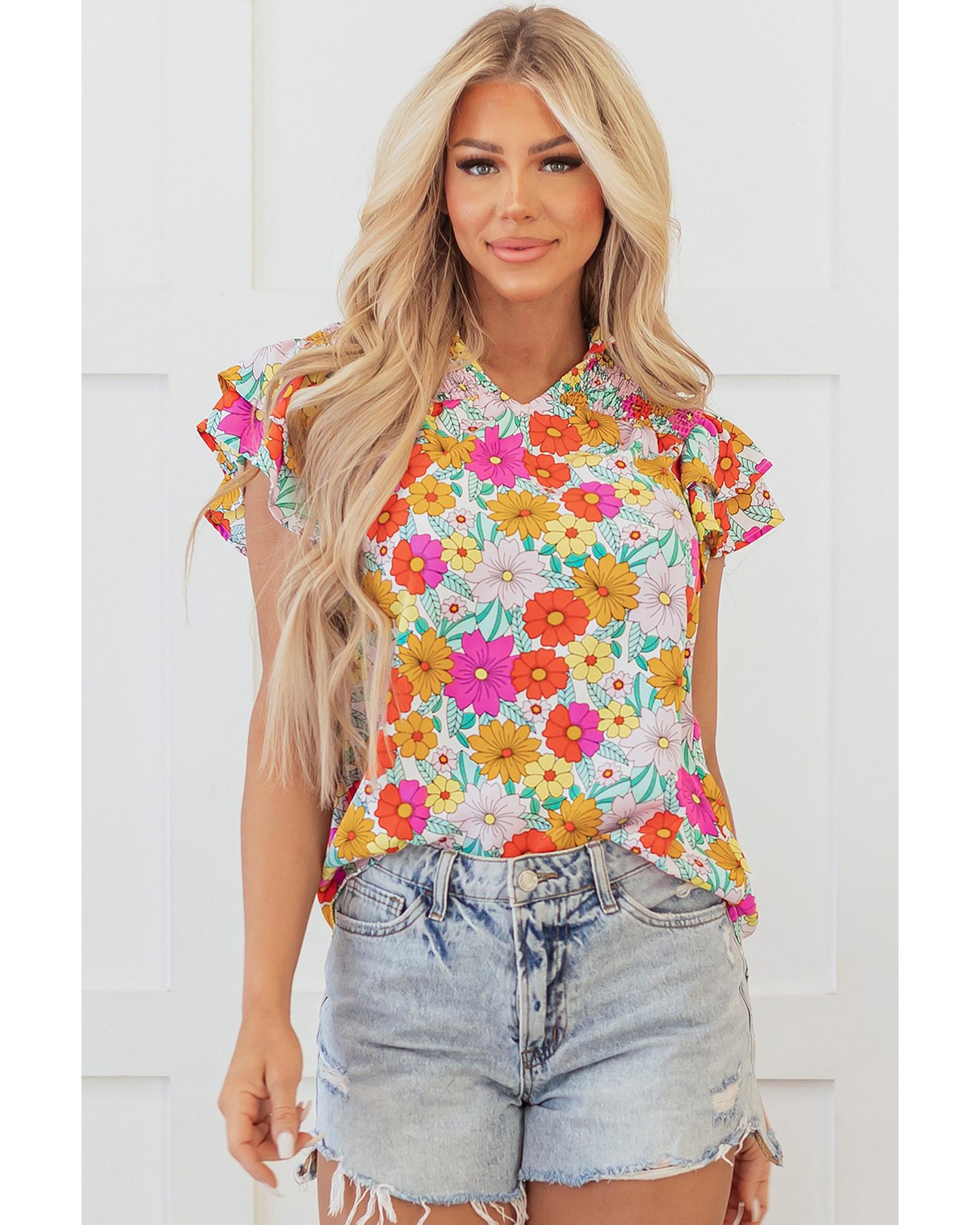 V539-AZEXDC25129438-P720-XL-202508280010-00 Yellow Floral Print Shirred Tiered Ruffled Sleeve Blouse - XL - Image 1