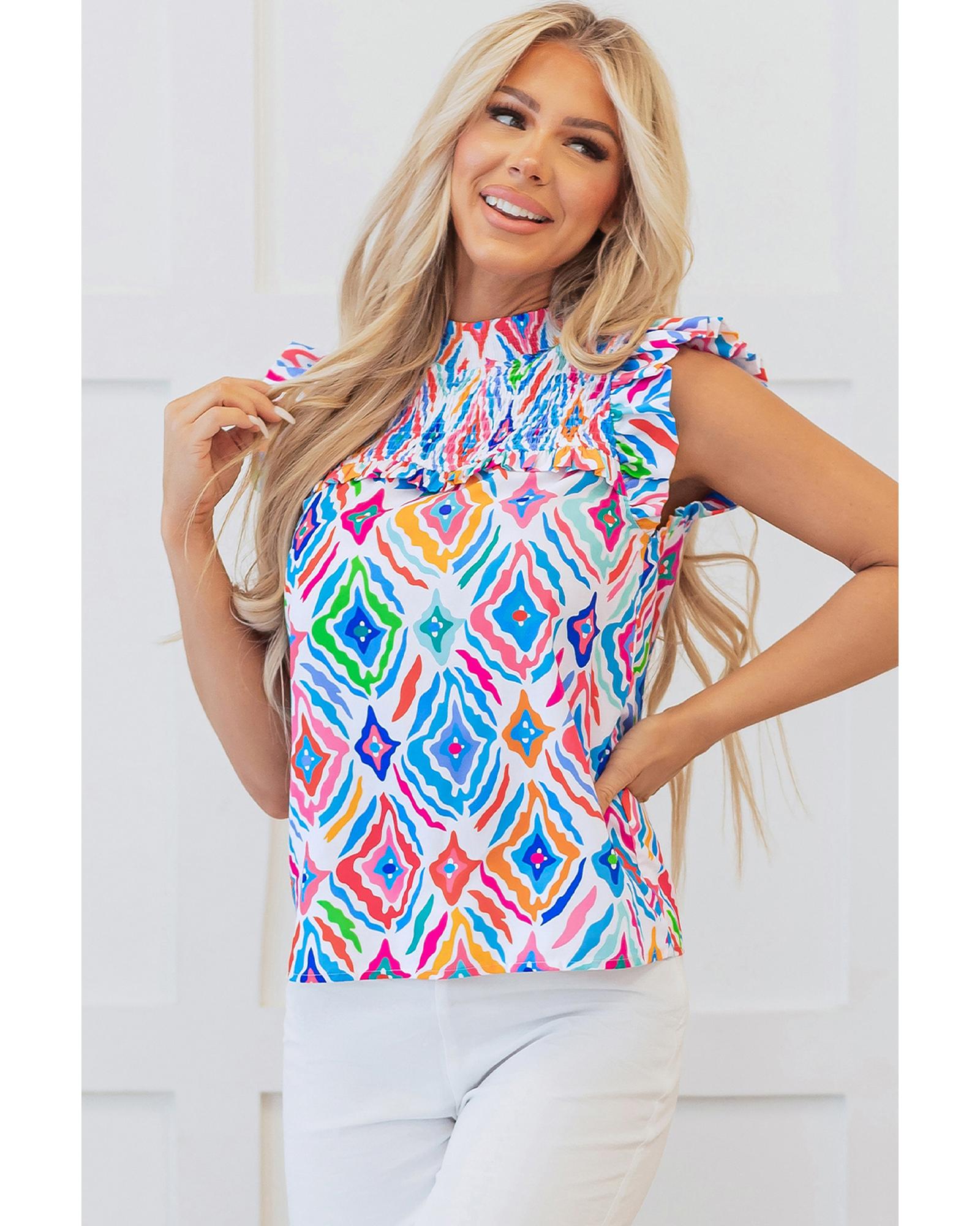 V539-AZEXDC25129441-P422-M-202508270950-00 Light Blue Geometric Printed Flutter Sleeve Mock Neck Shirred Blouse - M - Image 1