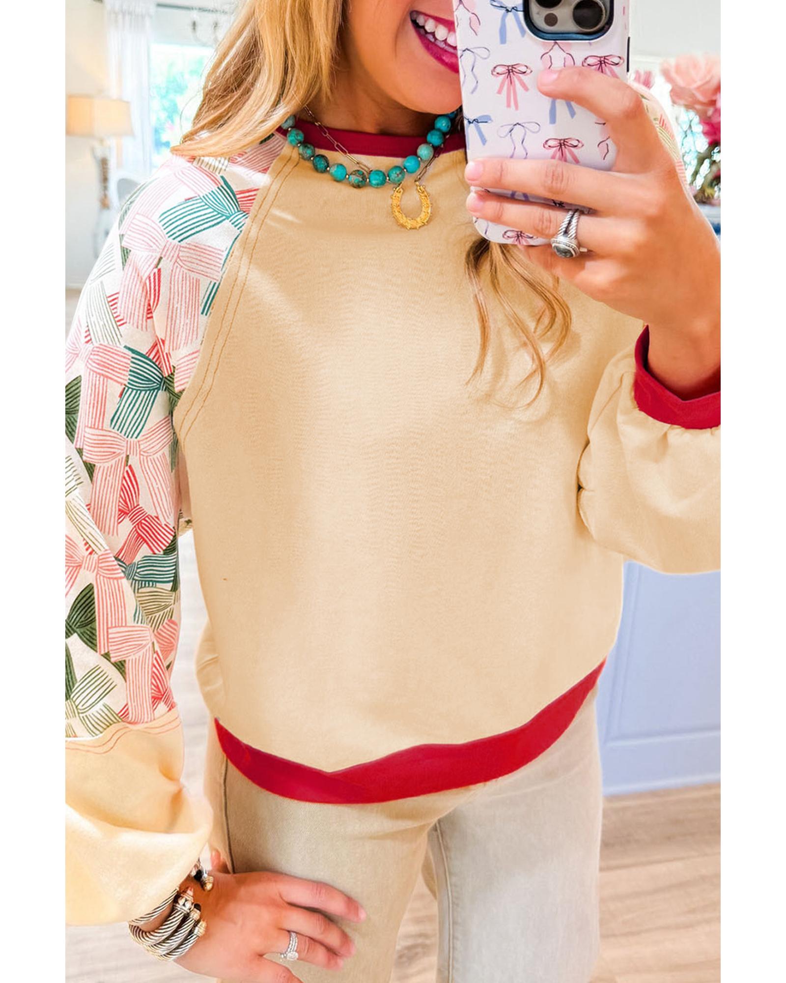 V539-AZEXDC25129458-P15-M-202508271625-00 Beige Bowknot Printed Patchwork Raglan Sleeve Colorblock Edge Top - M - Image 1