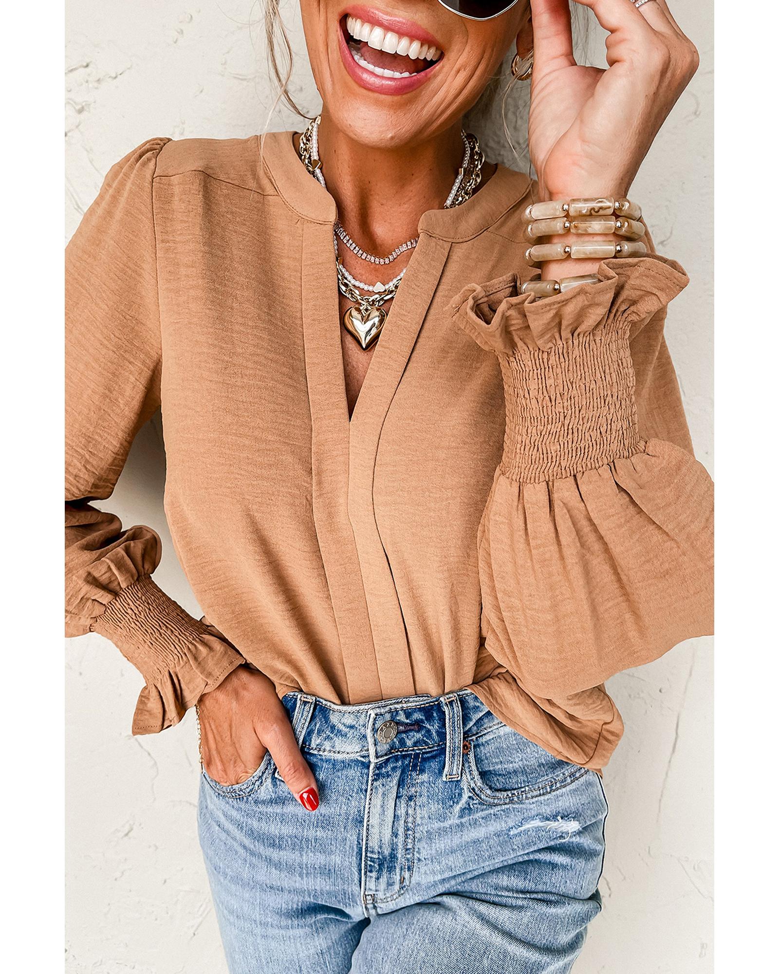 V539-AZEXDC25129494-P8016-XL-202508272335-00 Straw Yellow Solid Color Shirred Cuff Notch V Neck Blouse - XL - Image 1