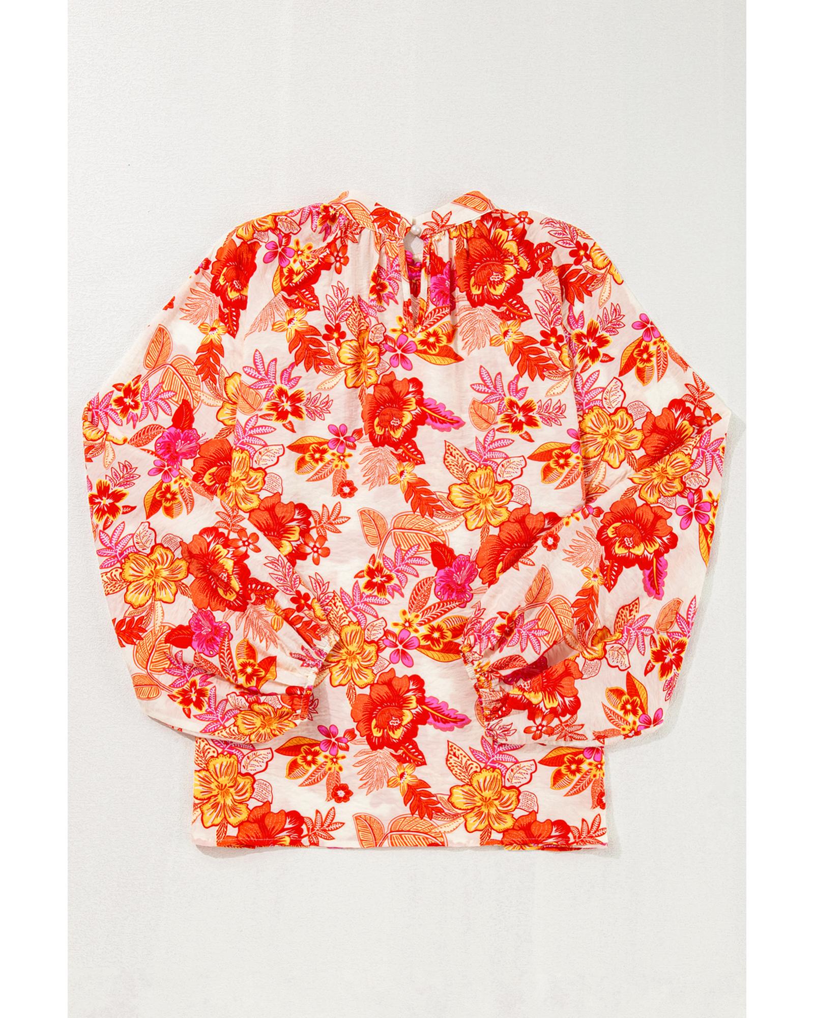 V539-AZEXDC25129502-P1420-S-202506120515-00 Orange Floral Print Pearl Button Keyhole Long Puff Sleeve Blouse - S - Image 1