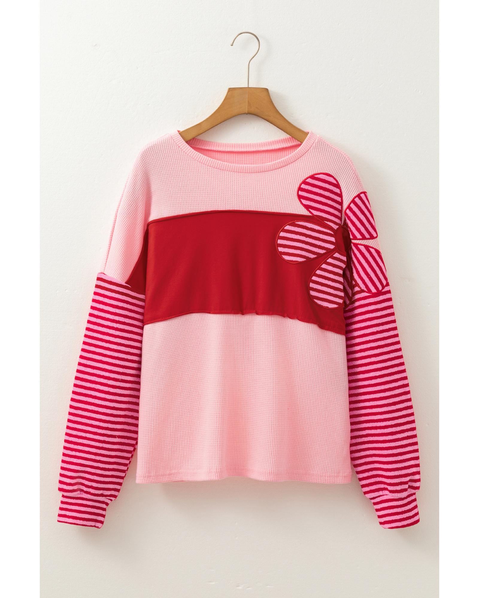 V539-AZEXDC25129506-P10-XL-202508271500-00 Pink Floral Patch Color Block Striped Sleeve Textured Top - XL - Image 1