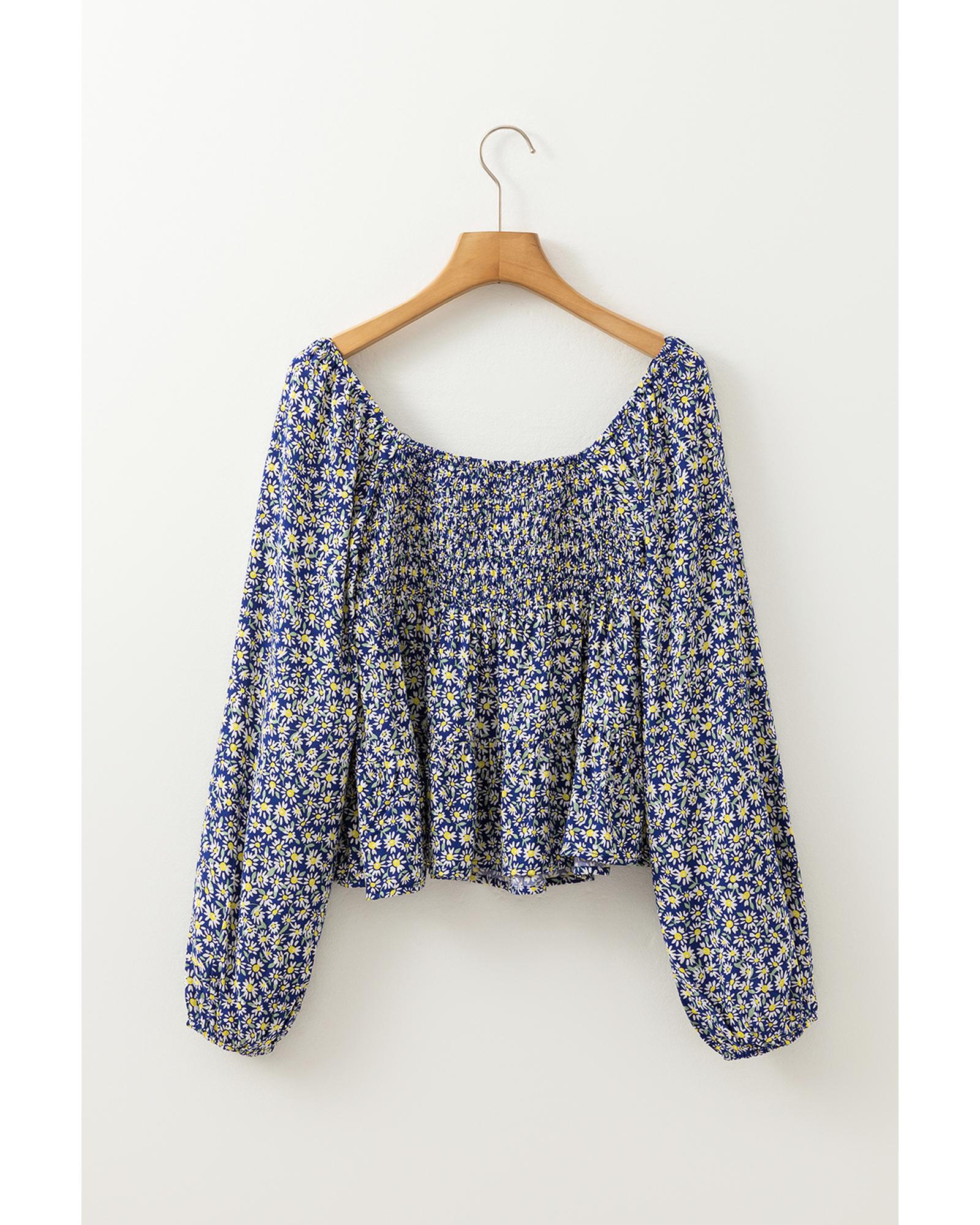 V539-AZEXDC25129542-P520-M-202508271510-00 Blue Boho Floral Print Smocked Square Neck Loose Fit Blouse - M - Image 1