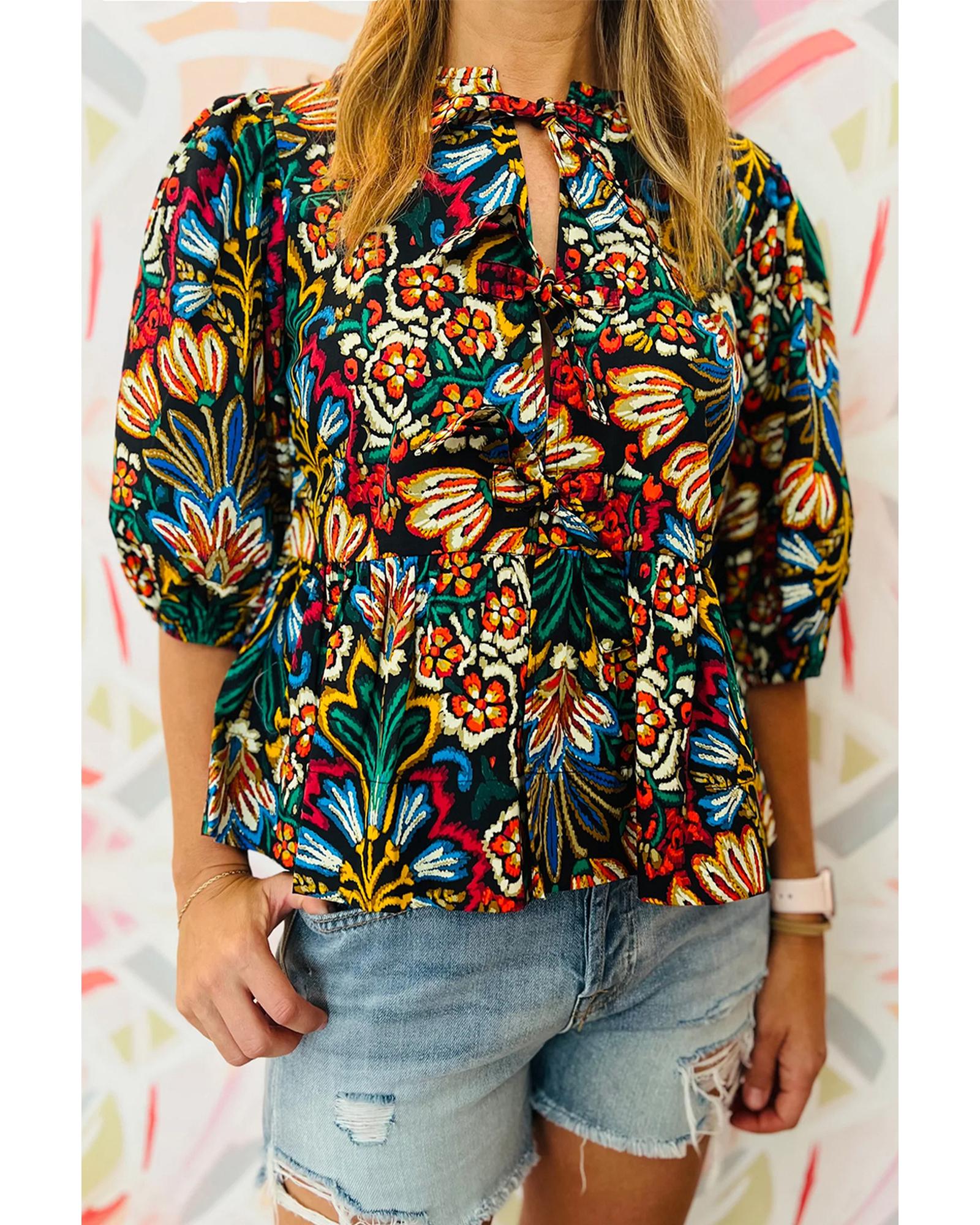 V539-AZEXDC25129566-P2-L-202508280000-00 Black Tropical Print Bubble Sleeve Knot Front Blouse - L - Image 1