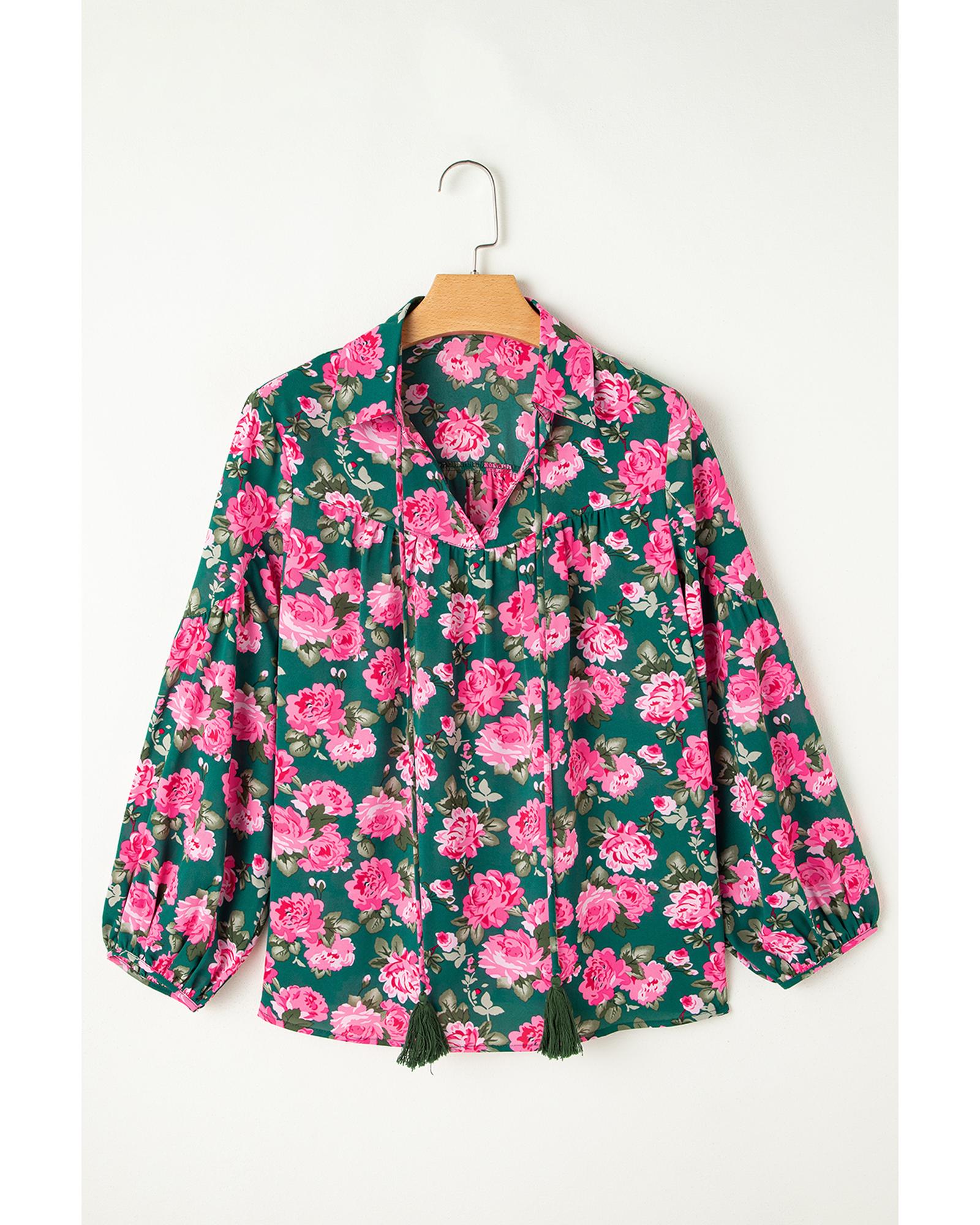 V539-AZEXDC25129572-P920-XL-202506120707-00 Green Floral Printed Tied Collar Puff Sleeve Blouse - XL - Image 1