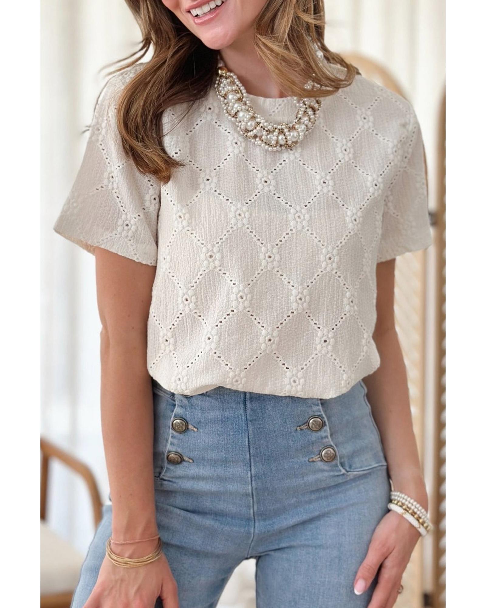 V539-AZEXDC25129604-P101-S-202506120832-00 White Geometric Embroidered Slim Fit O Neck T Shirt - S - Image 1