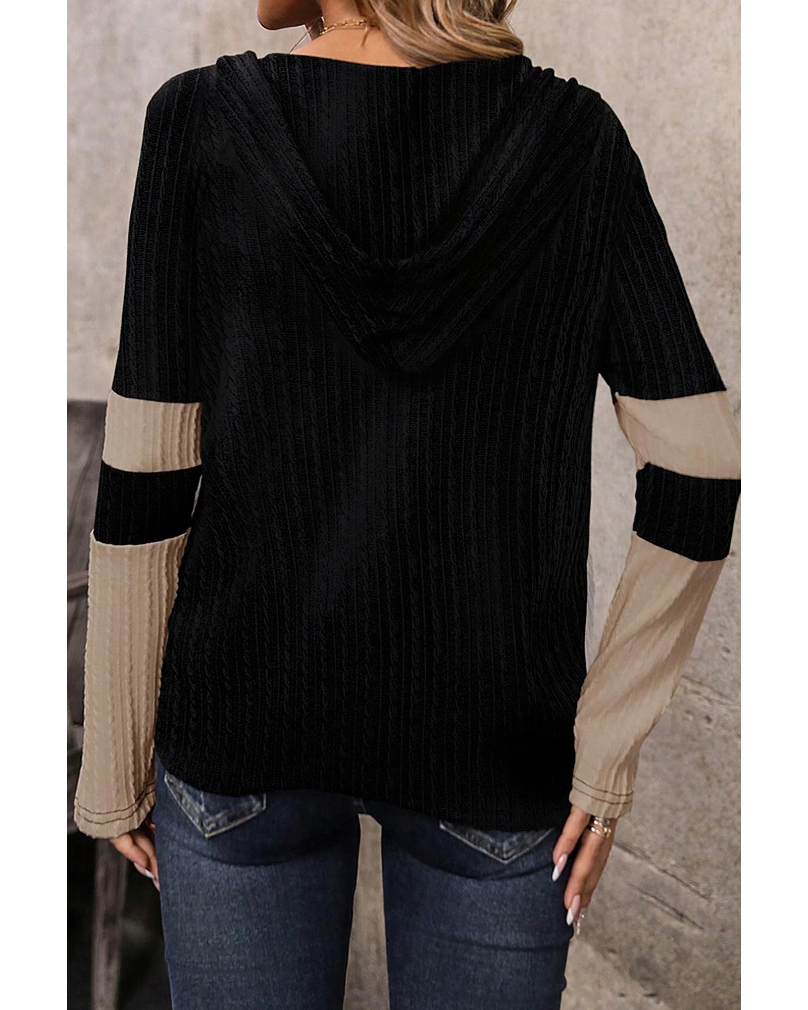 V539-AZEXDC25129607-P6016-M-202508271735-00 Parchment Textured Colorblock Long Sleeve Quarter Zip Drawstring Hooded Top - M - Image 1