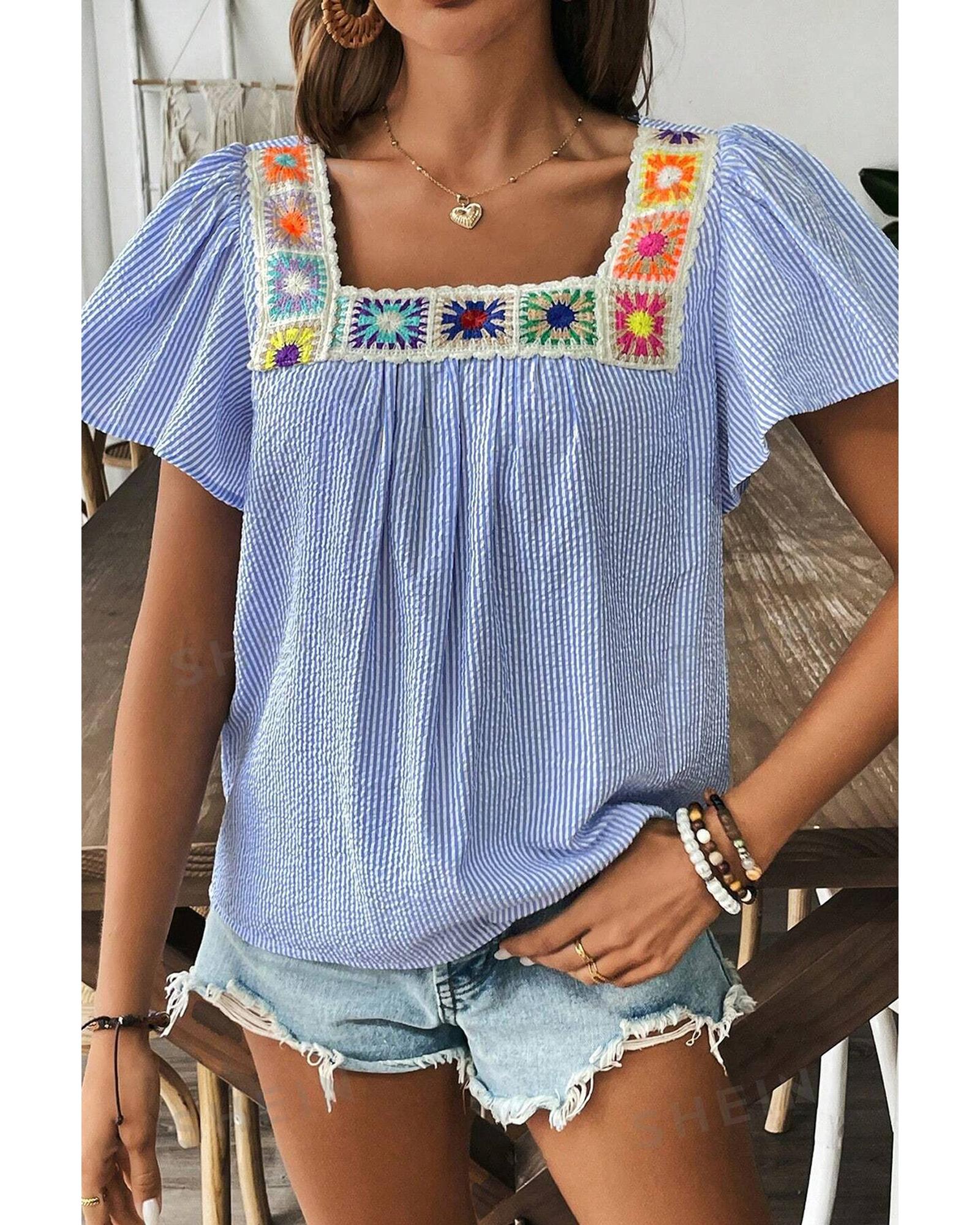 V539-AZEXDC25129670-P419-XL-202508271825-00 Sky Blue Stripe Textured Ruffle Short Sleeve Boho Detail Square Neck Blouse - XL - Image 1