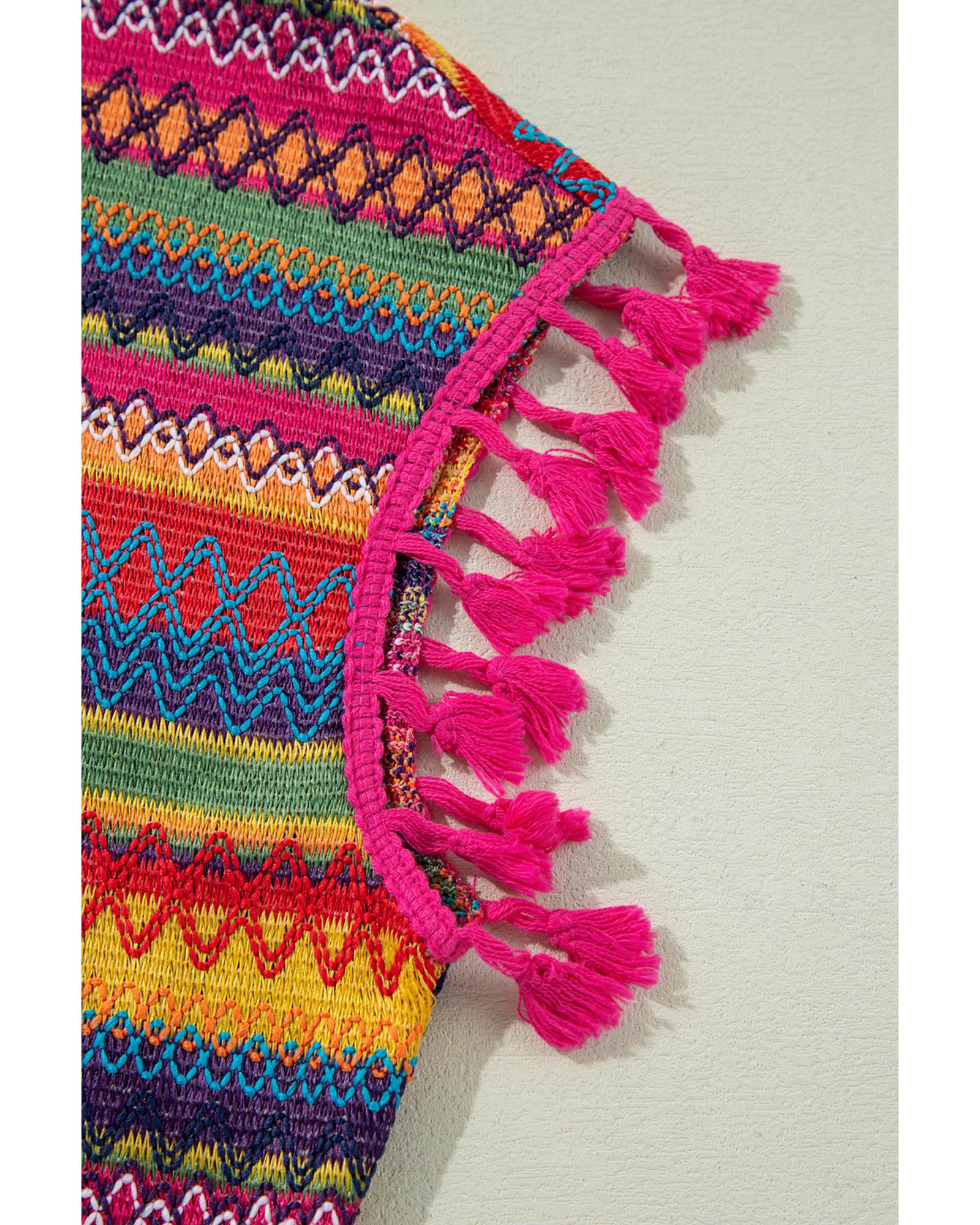 V539-AZEXDC25129672-P622-S-202506120307-00 Rose Red Jacquard Textured Tasseled Cap Sleeve Top - S - Image 1