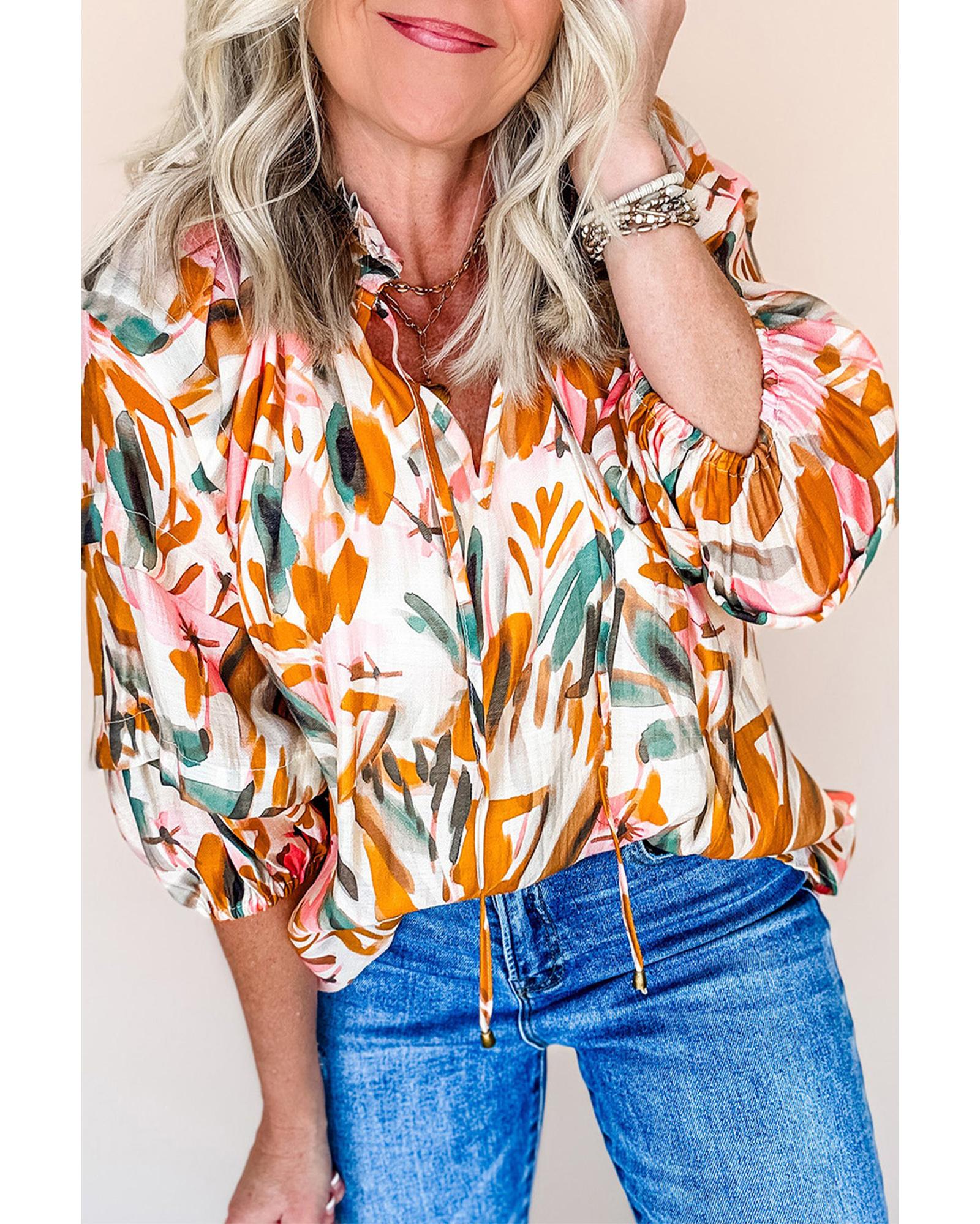 V539-AZEXDC25129695-P720-S-202506120325-00 Yellow Abstract Print Drawstring Frilled V Neck 3/4 Sleeve Blouse - S - Image 1