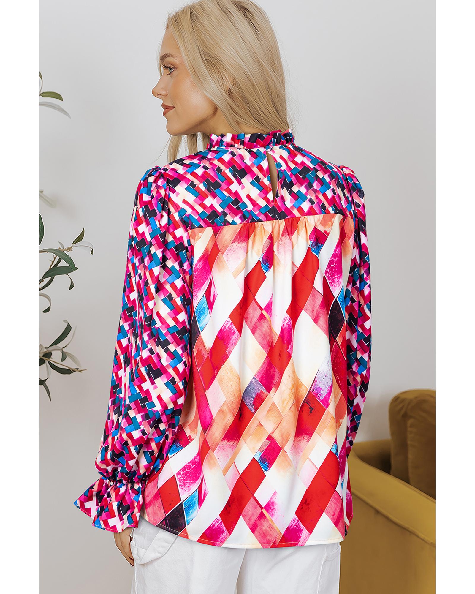 V539-AZEXDC25129706-P622-L-202508311705-00 Rose Red Abstract Geometric Pattern Patchwork Puff Sleeve Blouse - L - Image 1