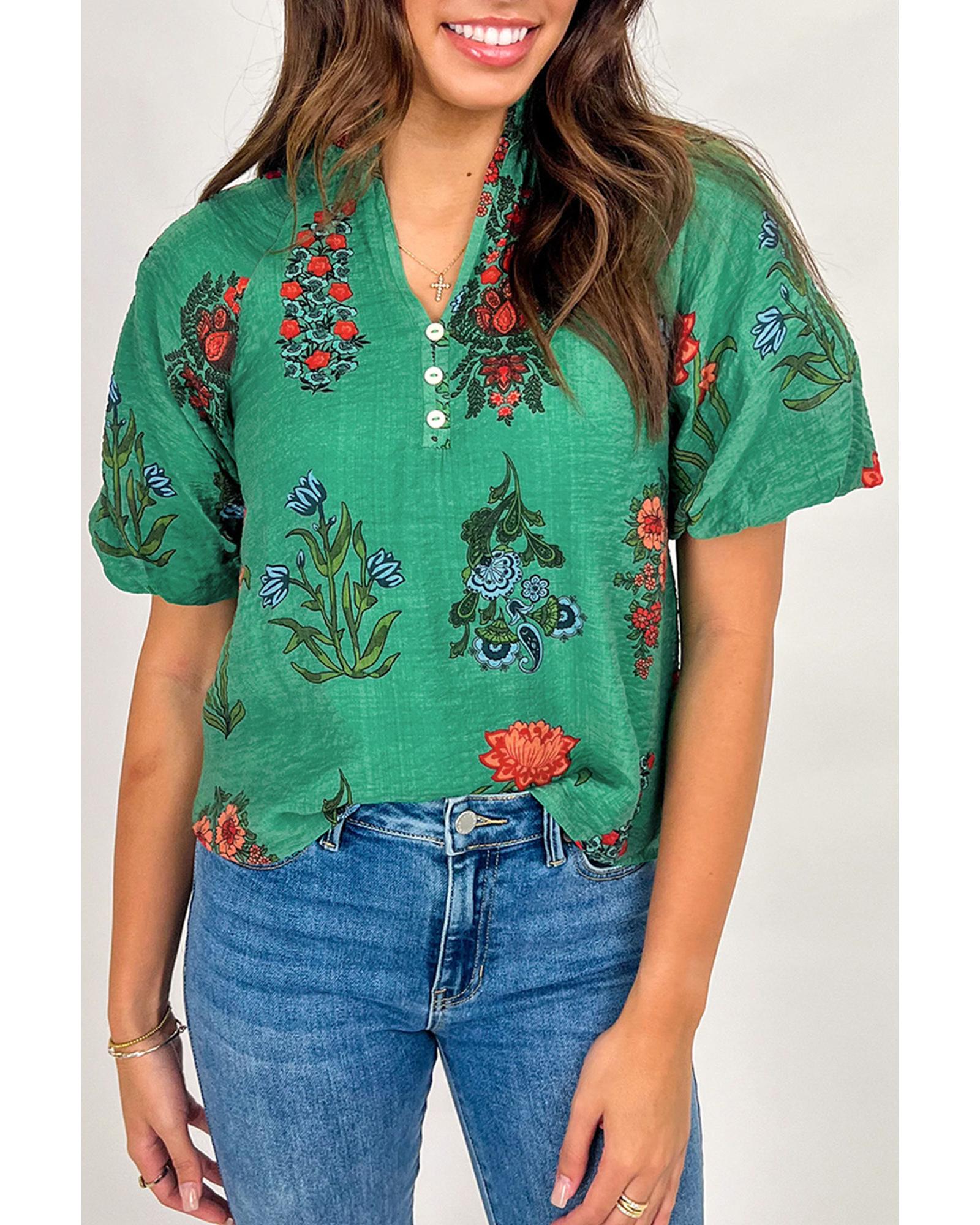 V539-AZEXDC25129731-P109-M-202508270455-00 Bright Green Floral Print Buttoned V Neck Short Sleeve Blouse - M - Image 1