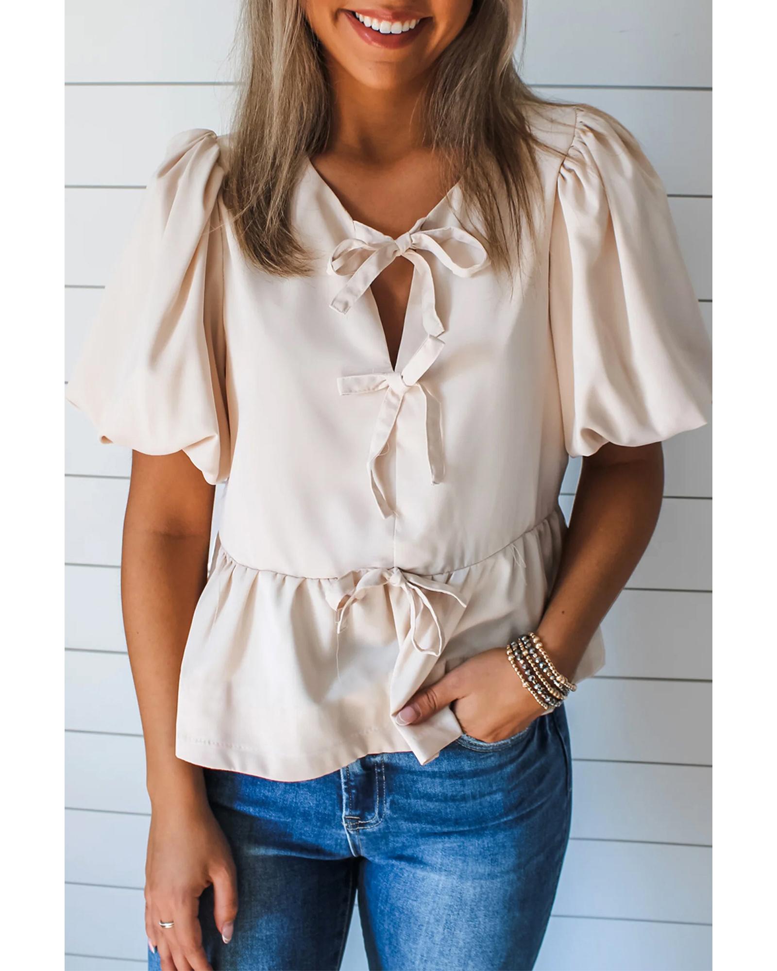 V539-AZEXDC25129762-P101-L-202506120405-00 White Bow Tie Short Puff Sleeve Ruffle Hem Blouse - L - Image 1
