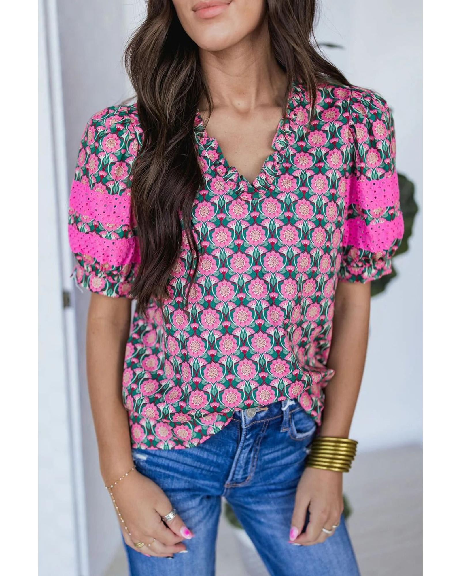 V539-AZEXDC25129801-P406-M-202506120435-00 Sachet Pink V-Neck Ruffle Abstract Floral Print Puff Sleeve Top - M - Image 1