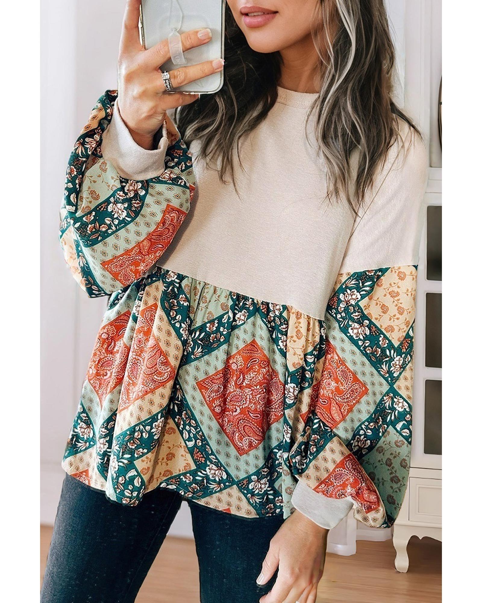 V539-AZEXDC25129837-P2015-XL-202508270206-00 Jet Stream Paisley Geometric Patchwork Crew Neck Loose Fit Top - XL - Image 1