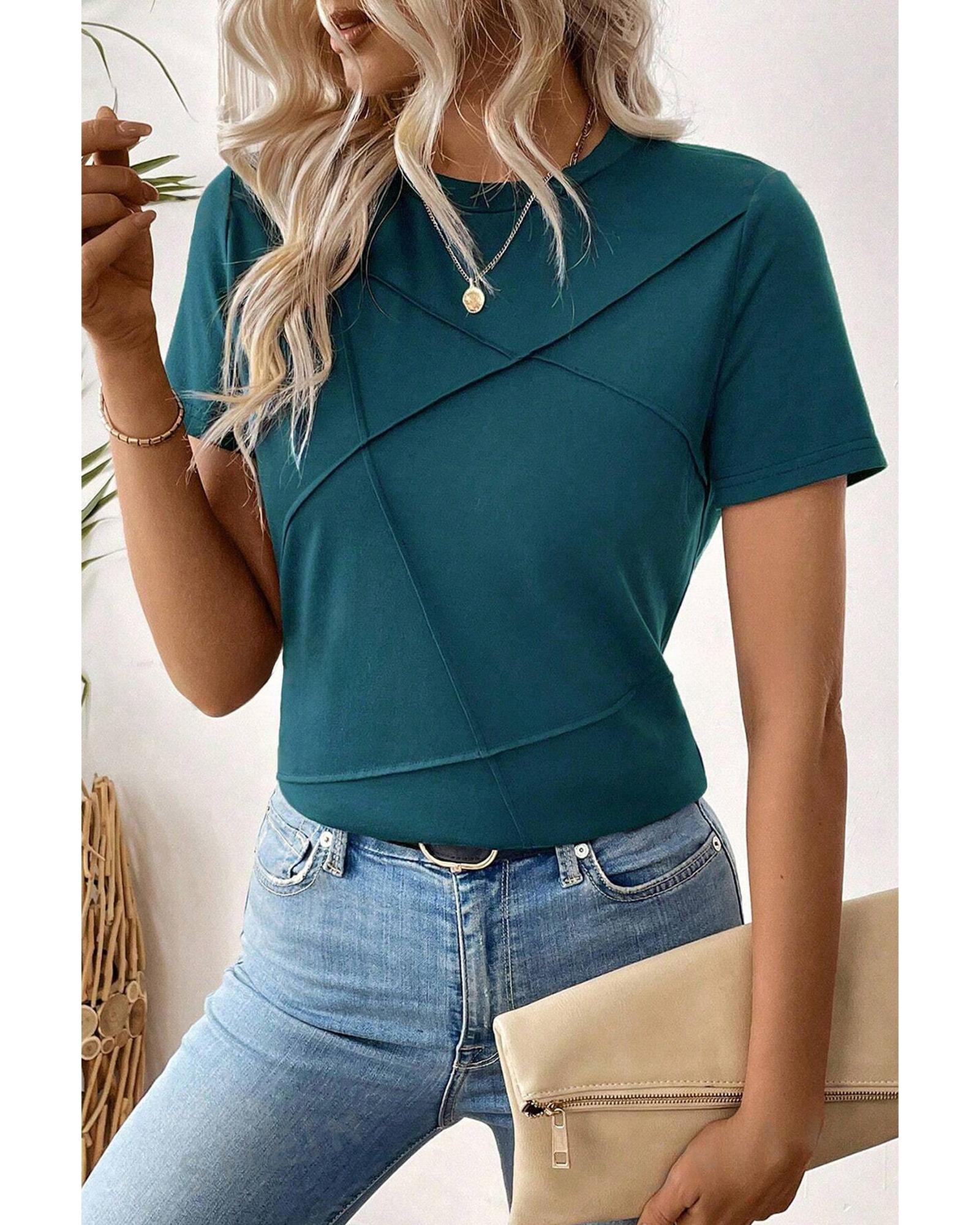 V539-AZEXDC25129870-P805-S-202506120546-00 Blue Sapphire Solid Color Toothpick Stripe Round Neck T Shirt - S - Image 1