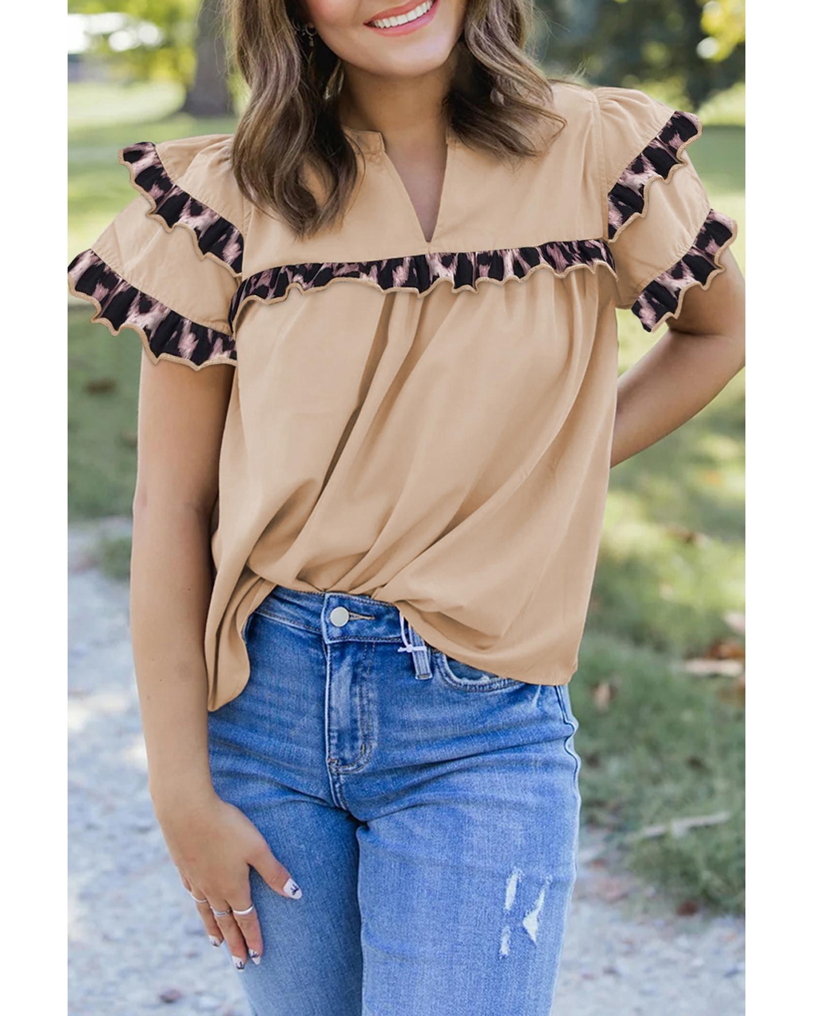 V539-AZEXDC25129875-P7016-S-202506120616-00 Smoke Gray Leopard Ruffles Trim Tiered Short Sleeve Blouse - S - Image 1