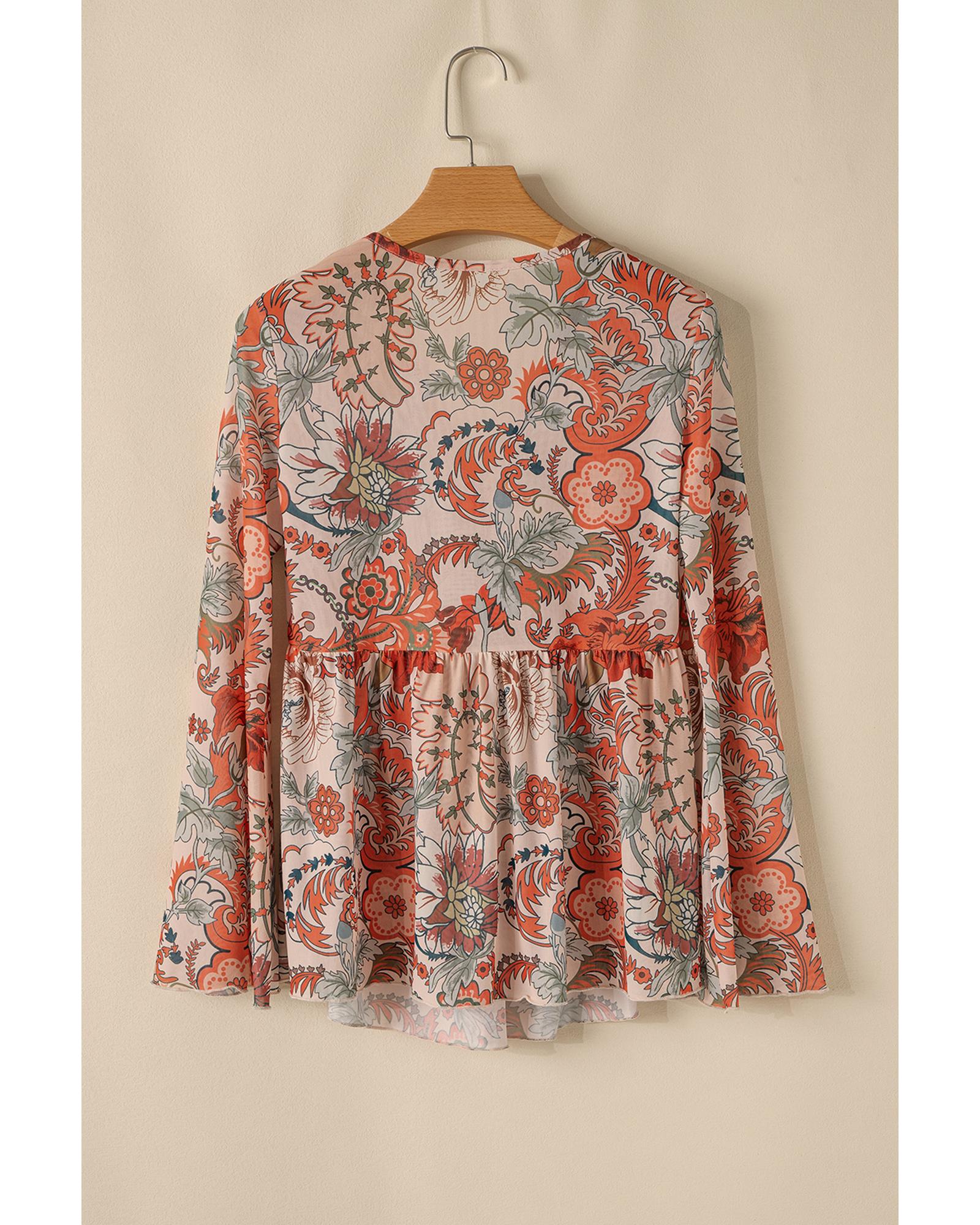 V539-AZEXDC25129890-P1420-M-202508272105-00 Orange Floral Print Deep V Neck Knot Bell Sleeve Blouse - M - Image 1