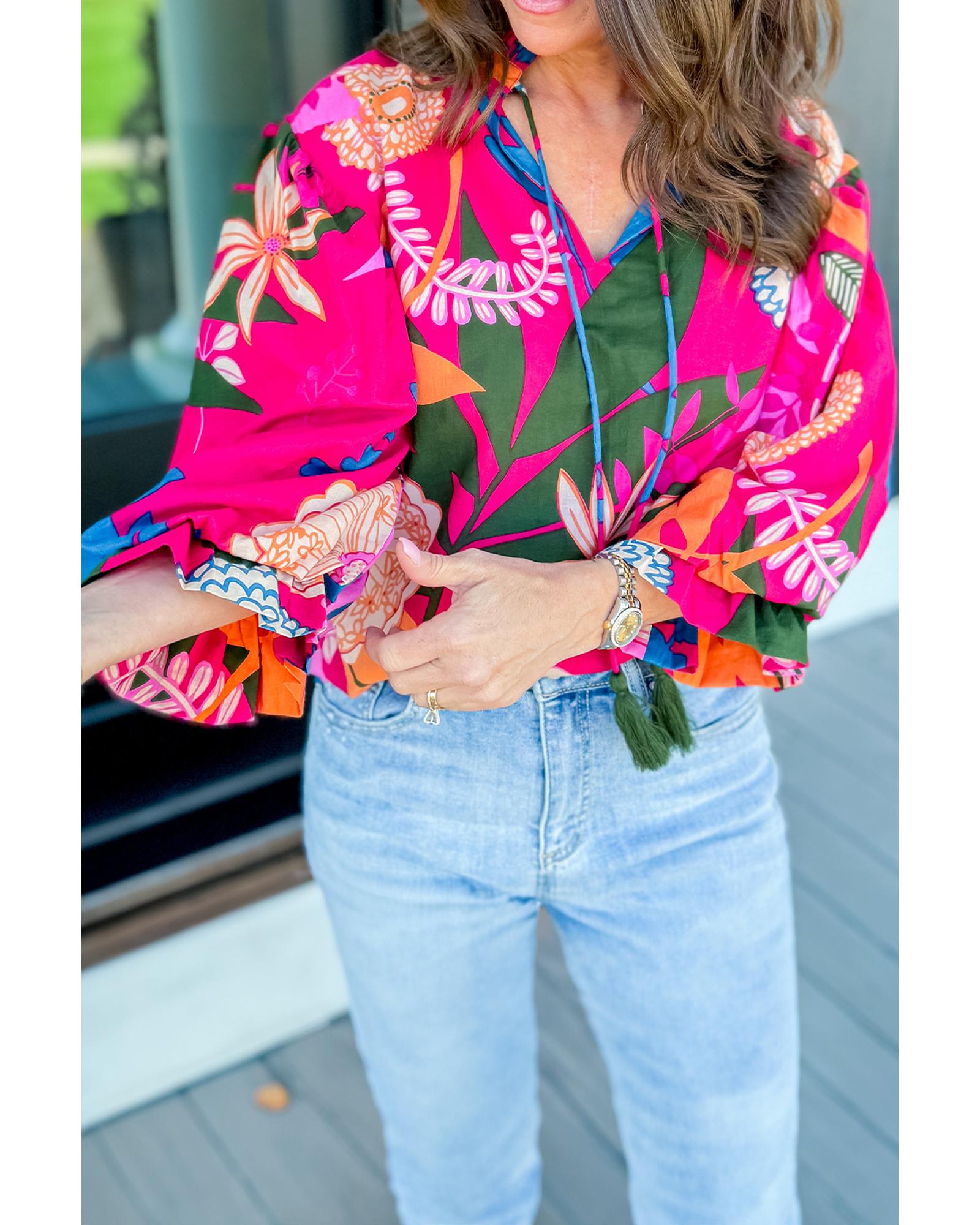 V539-AZEXDC25129891-P620-M-202508272325-00 Rose Blooming Flower Print Ruffled Puff Sleeve Blouse - M - Image 1
