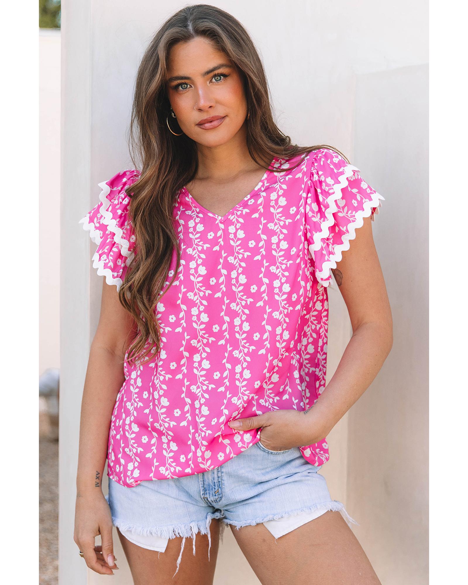 V539-AZEXDC25129942-P1020-M-202508272130-00 Pink Floral Print Ric-rac Tiered Ruffled V Neck Blouse - M - Image 1