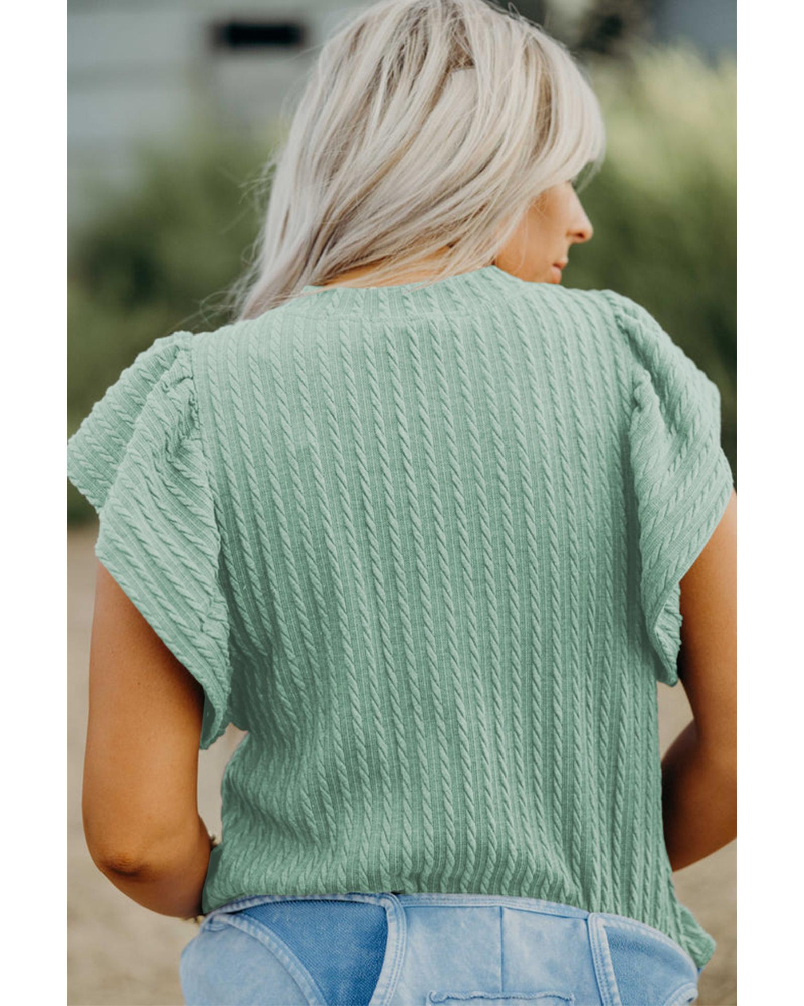V539-AZEXDC25129951-P2209-S-202506120705-00 Moonlight Jade Solid Color Textured Flutter Sleeve Top - S - Image 1