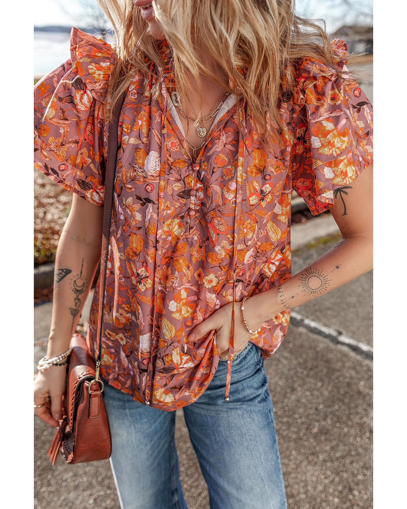 V539-AZEXDC25129961-P1420-S-202506120726-00 Orange Floral Print Ruffled Flutter Sleeve Frilled V Neck Blouse - S - Image 1