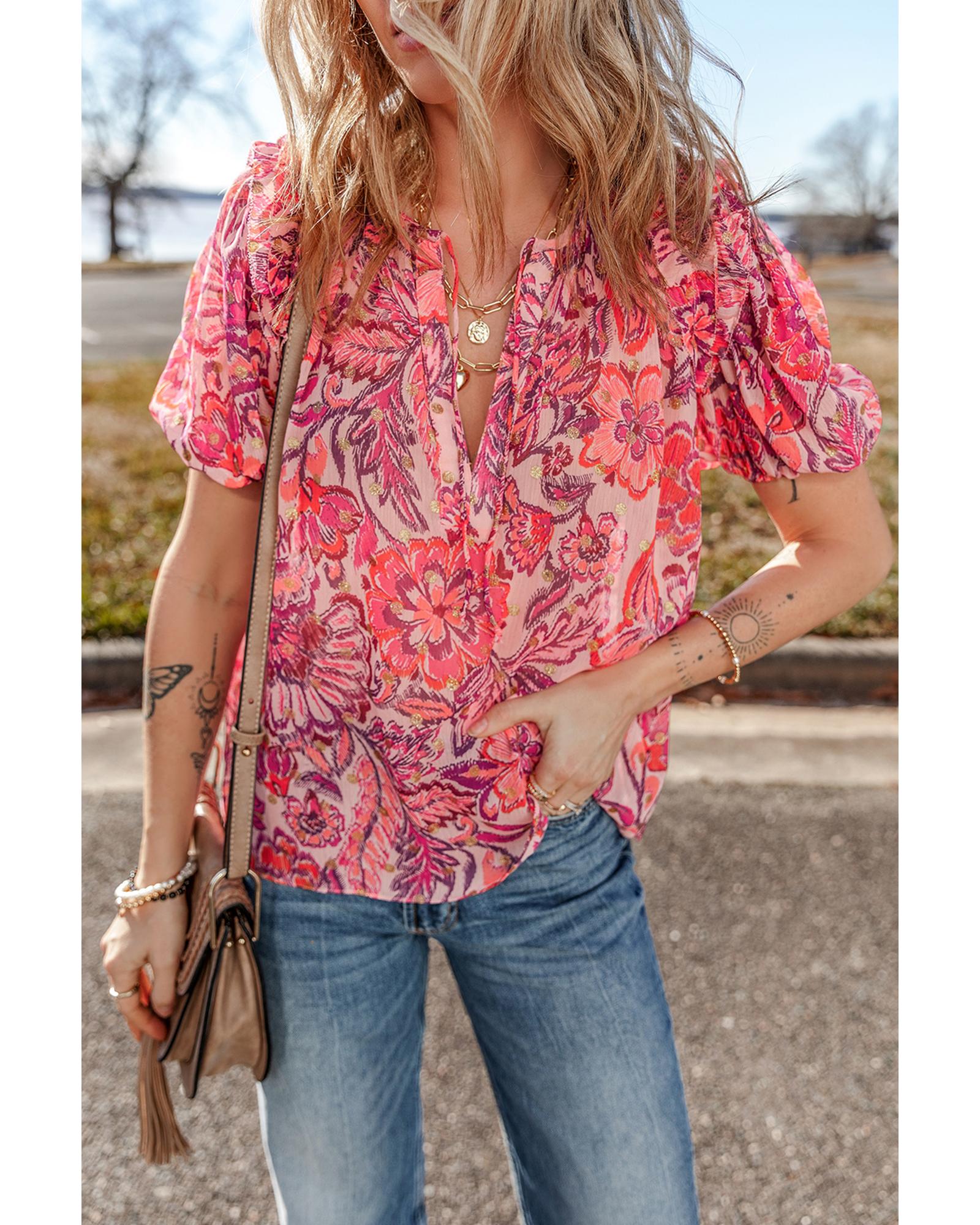 V539-AZEXDC25129967-P10320-XL-202508271630-00 Red Floral Print Ruffled Puff Short Sleeve Blouse - XL - Image 1