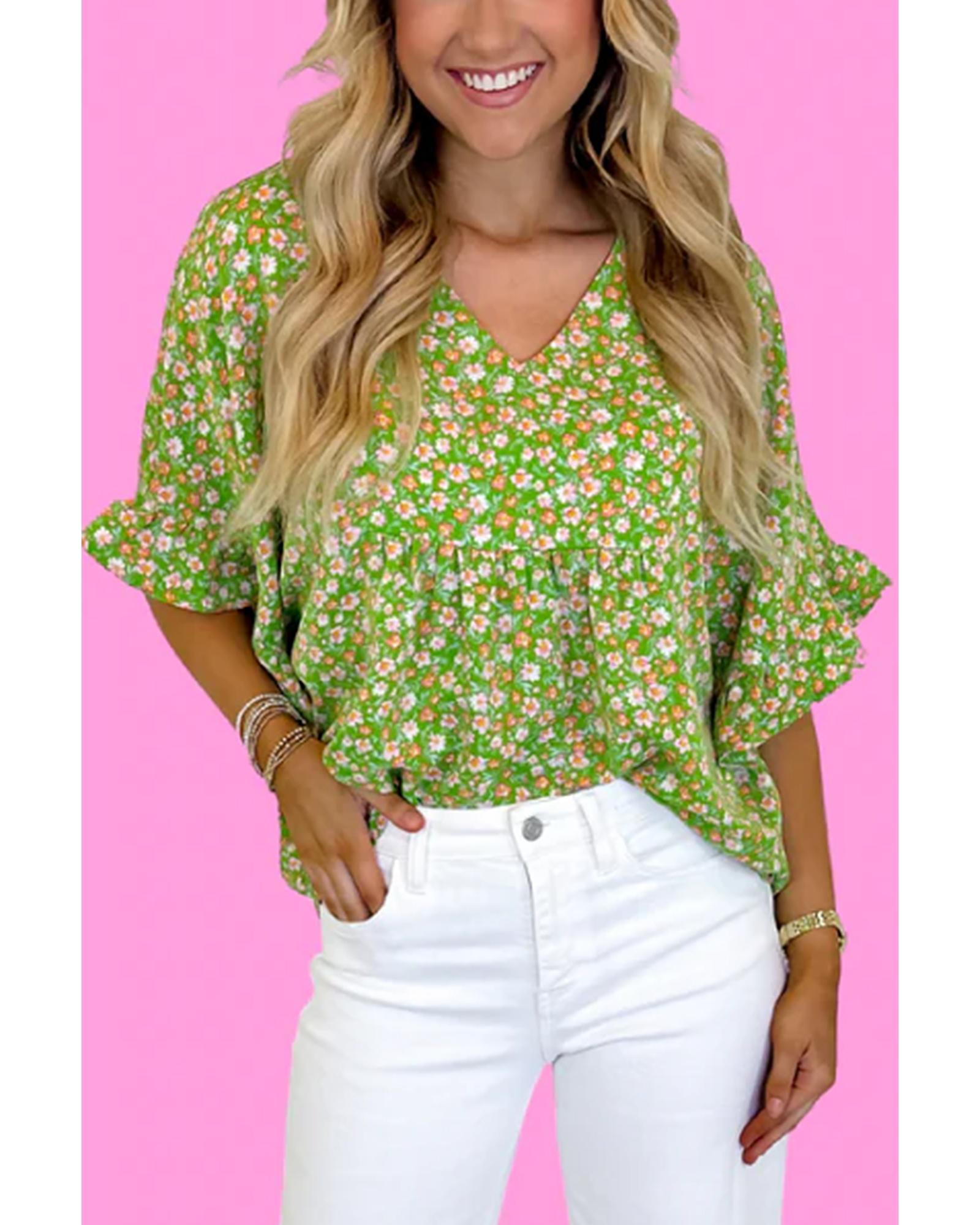 V539-AZEXDC25130011-P9-M-202508271645-00 Green Floral Print Ruffle Sleeve V Neck Blouse Top - M - Image 1