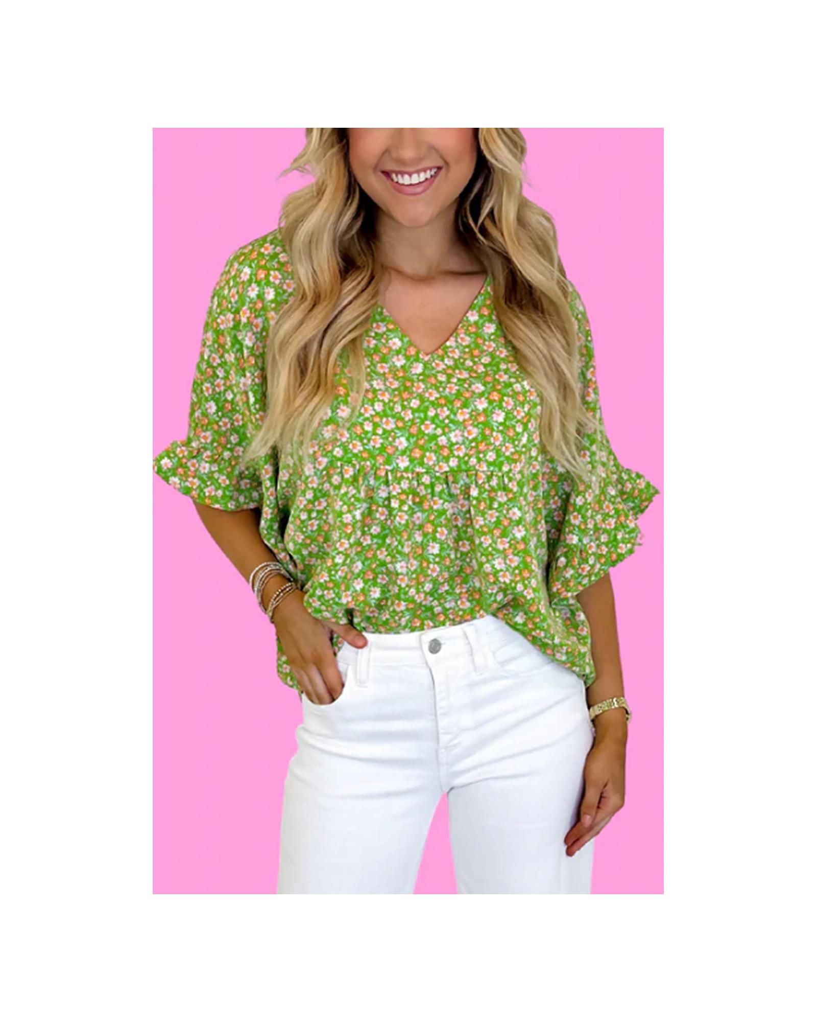 V539-AZEXDC25130011-P9-XL-202508271910-00 Green Floral Print Ruffle Sleeve V Neck Blouse Top - XL - Image 1