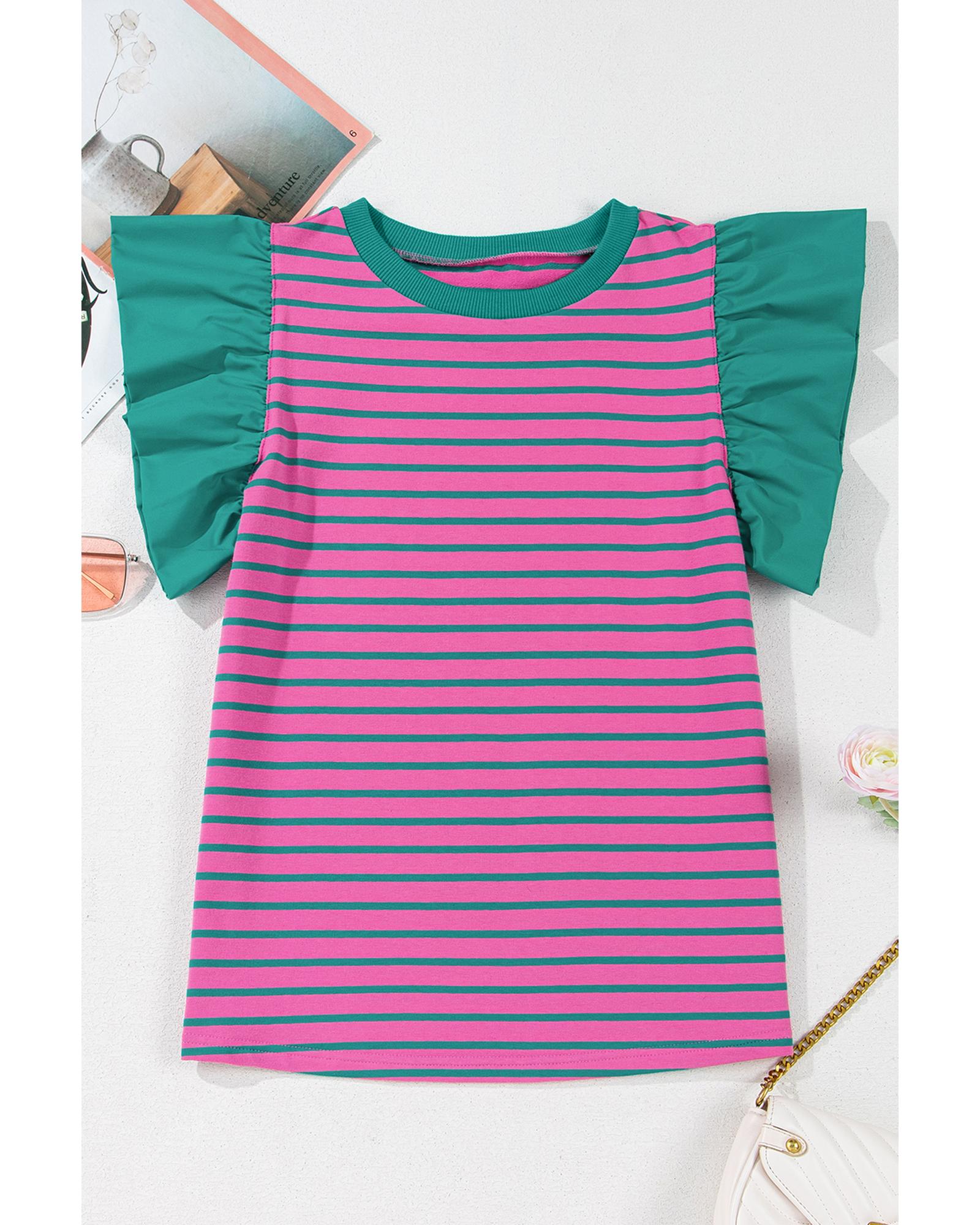 V539-AZEXDC25130058-P1019-S-202508270210-00 Pink Stripe Colorblock Ruffled Sleeve Crew Neck Blouse - S - Image 1