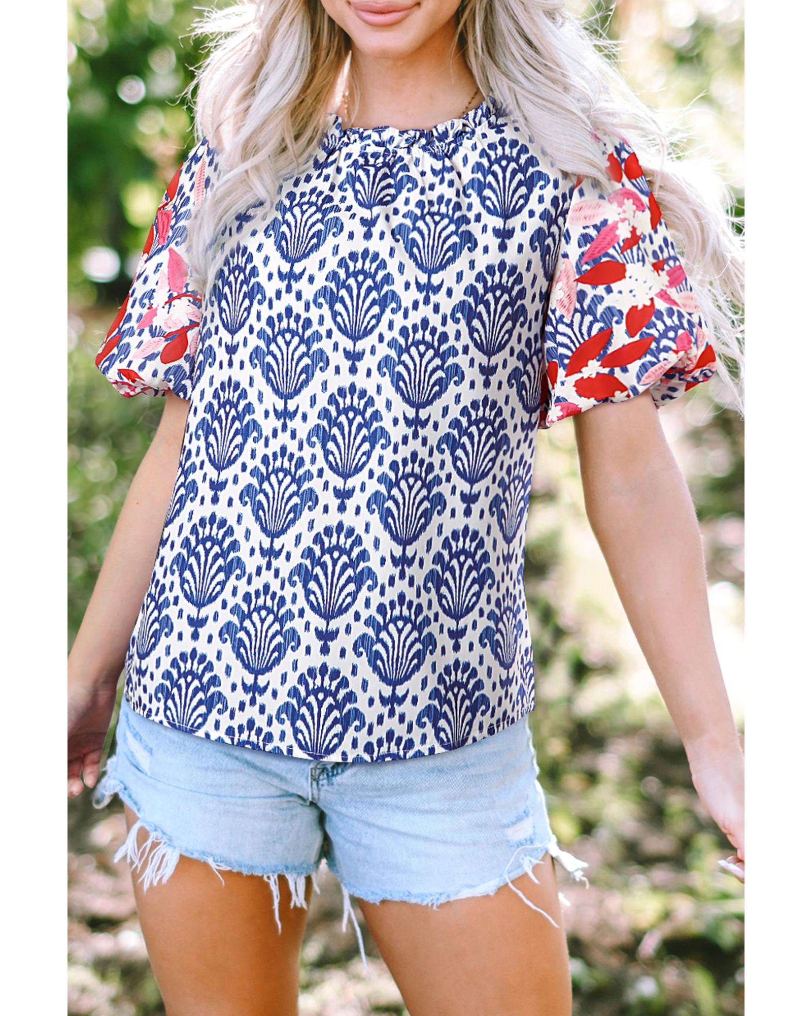 V539-AZEXDC25130061-P520-M-202506120853-00 Blue Western Fashion Print Floral Puff Sleeve Frilled Neck Blouse - M - Image 1