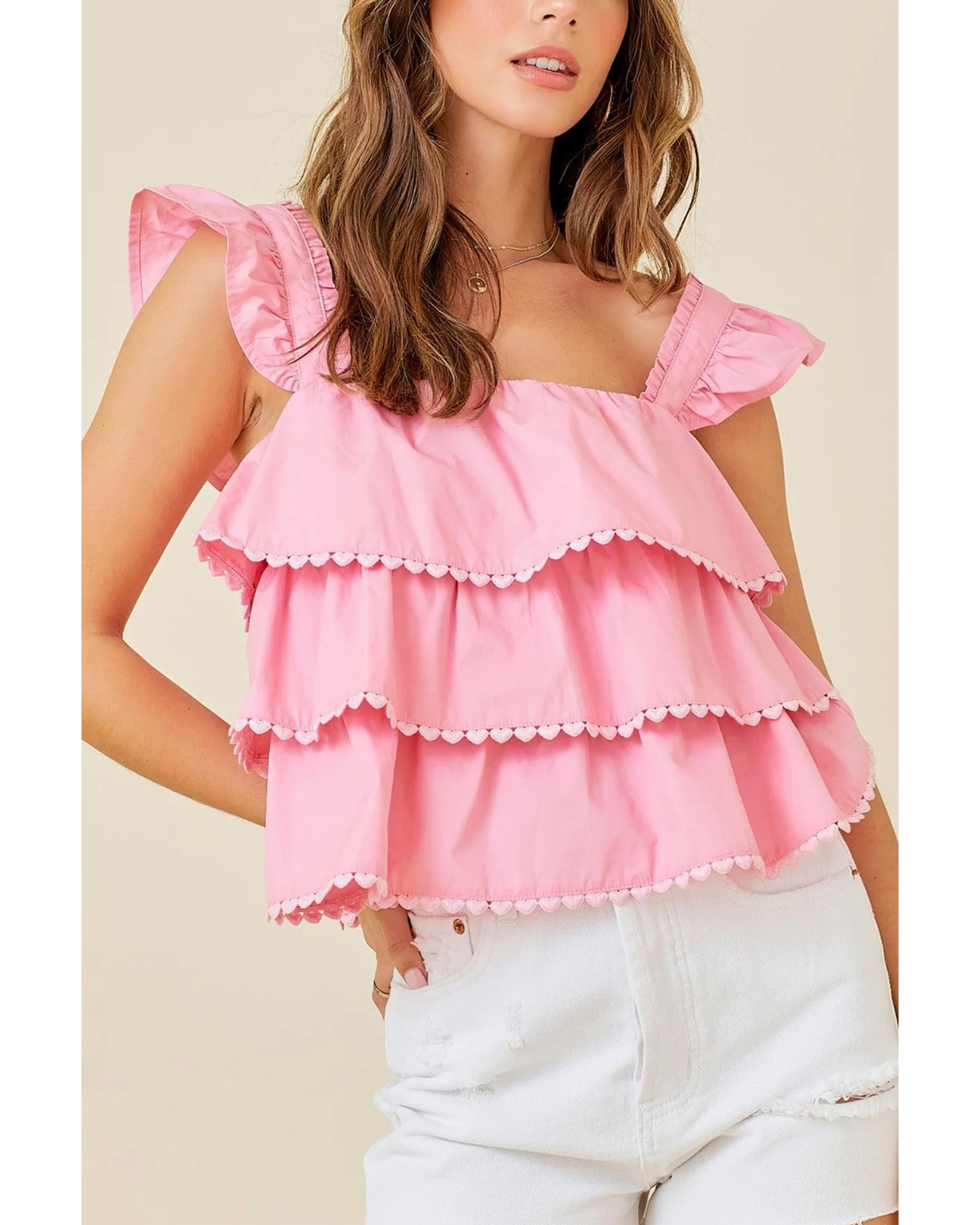 V539-AZEXDC25130150-P10-L-202508271310-00 Pink Tiered Heart Trim Square Neck Flutter Top - L - Image 1