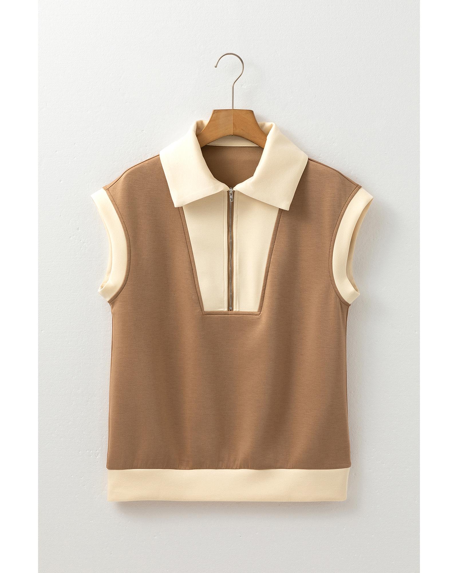 V539-AZEXDC25130153-P6017-M-202508271830-00 Simply Taupe Half Zipper Collared Colorblock Short Sleeve Top - M - Image 1