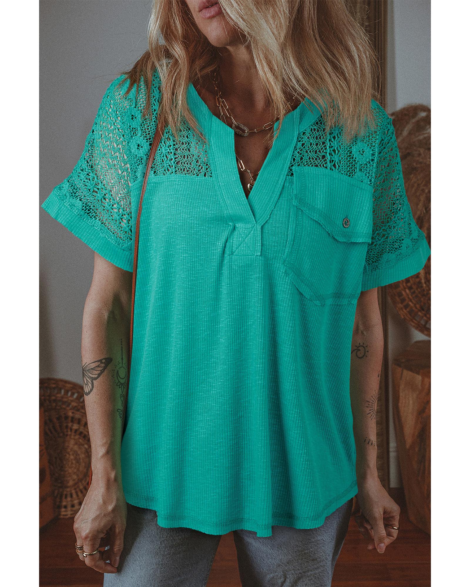 V539-AZEXDC25130262-P409-L-202508270820-00 Sea Green Lace Patchwork Split Neck Textured Short Sleeve Blouse - L - Image 1