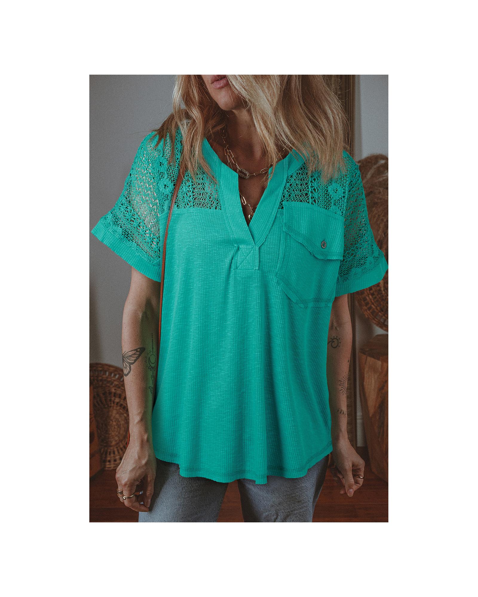 V539-AZEXDC25130262-P409-S-202506121112-00 Sea Green Lace Patchwork Split Neck Textured Short Sleeve Blouse - S - Image 1