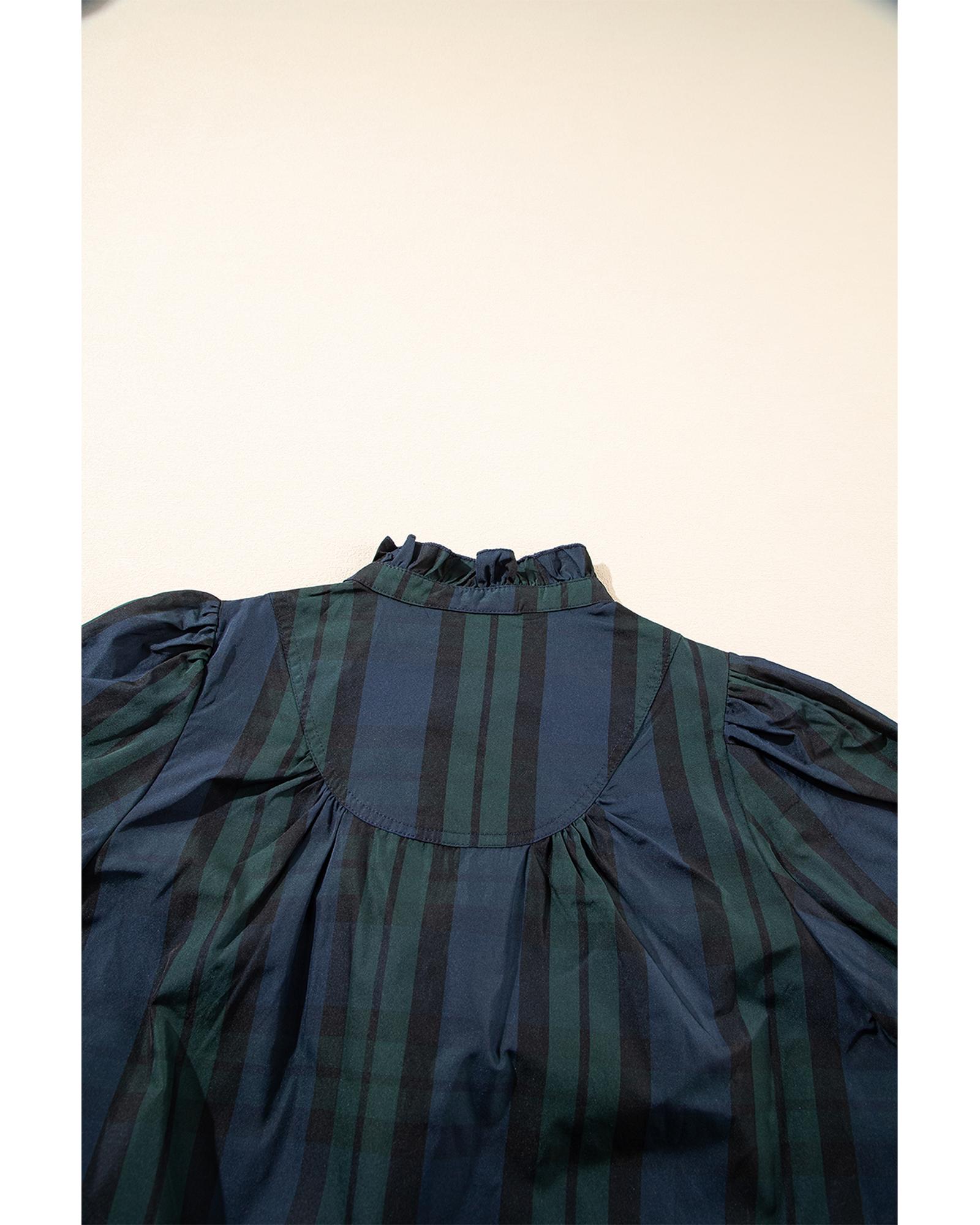 V539-AZEXDC25130270-P919-S-202506121122-00 Green Stripe Plaid Puff Sleeve Frilled Trim Elegant Blouse - S - Image 1