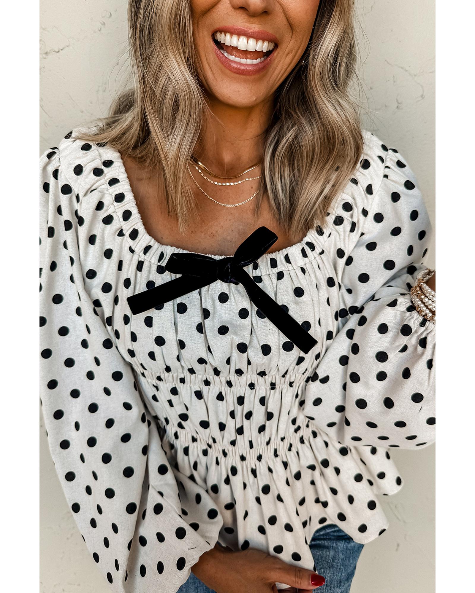 V539-AZEXDC25130285-P220-XL-202508272130-00 Black Polka Dot Puff Sleeve Bow Square Neck Peplum Top - XL - Image 1