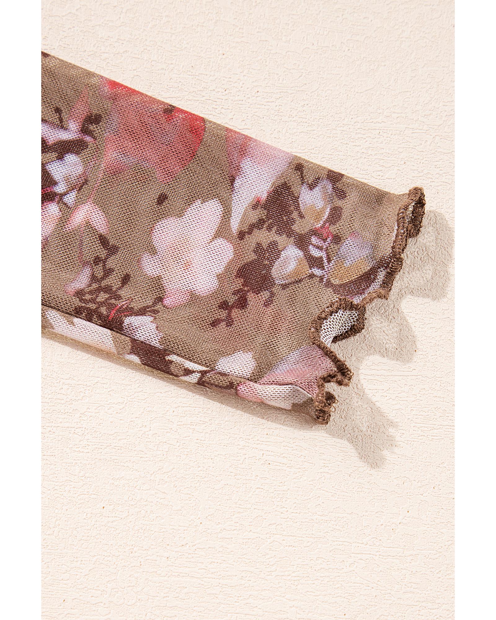 V539-AZEXDC25130301-P10320-L-202508271755-00 Red Floral Print Sheer Mesh Long Sleeve Top - L - Image 1