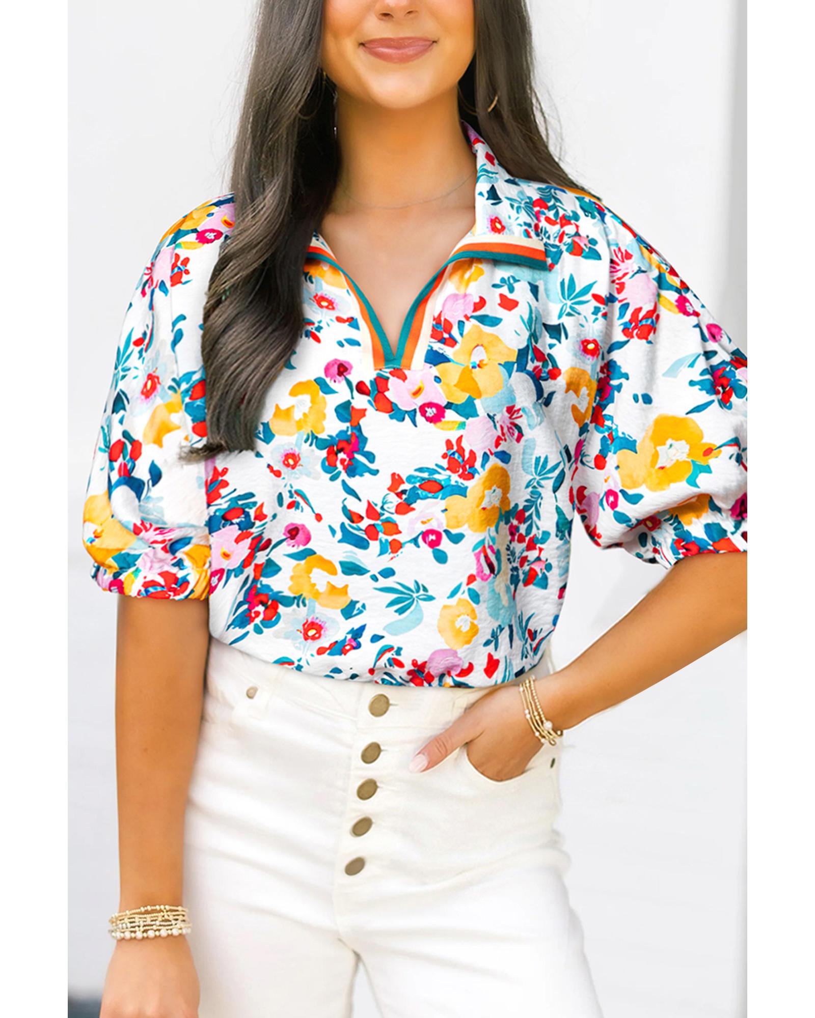 V539-AZEXDC25130310-P405-S-202506121215-00 Peacock Blue Floral Print Slit V Neck Short Sleeve Blouse - S - Image 1