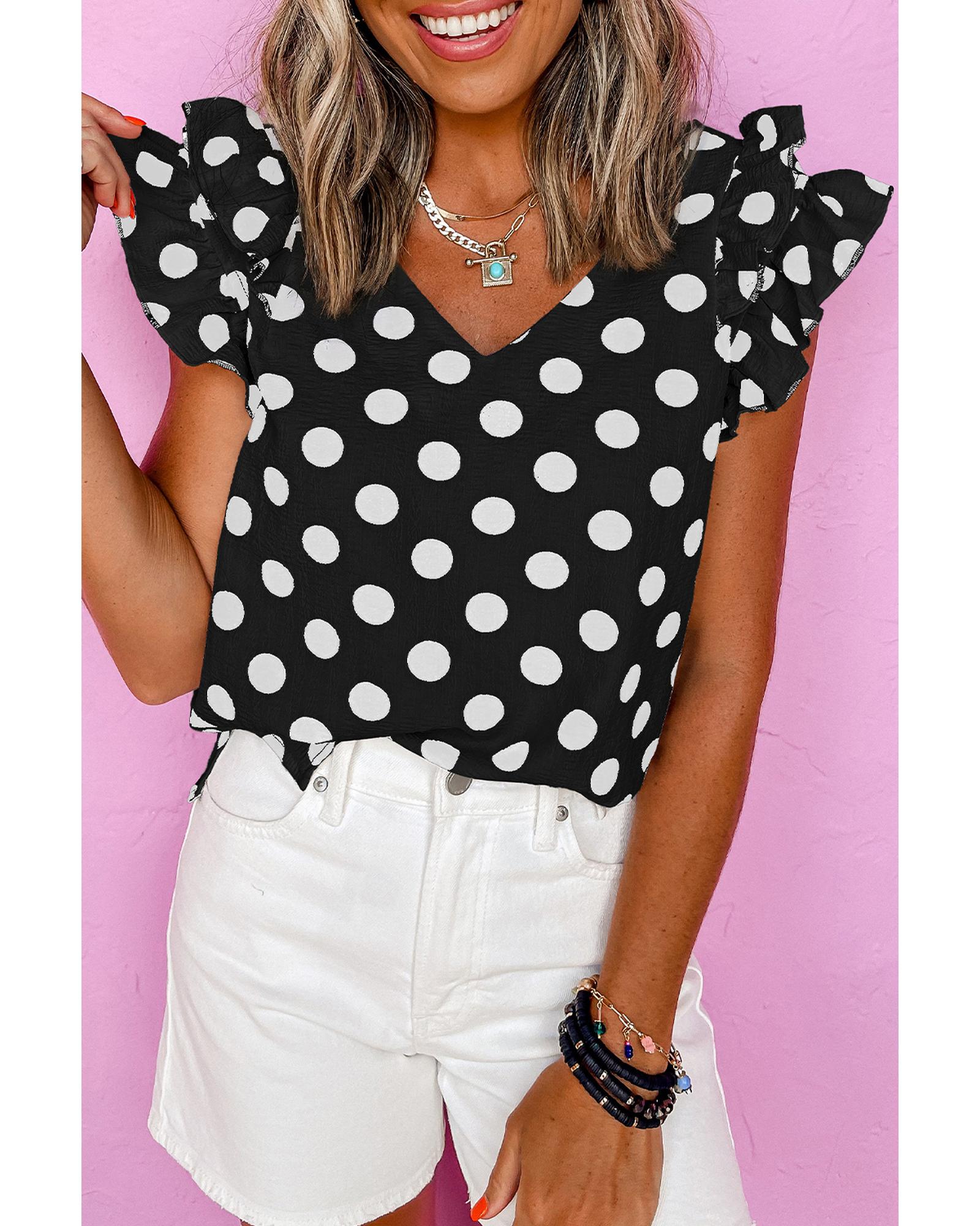 V539-AZEXDC25130401-P220-L-202508271825-00 Black Polka Dot Print Ruffled Sleeve V Neck Blouse - L - Image 1