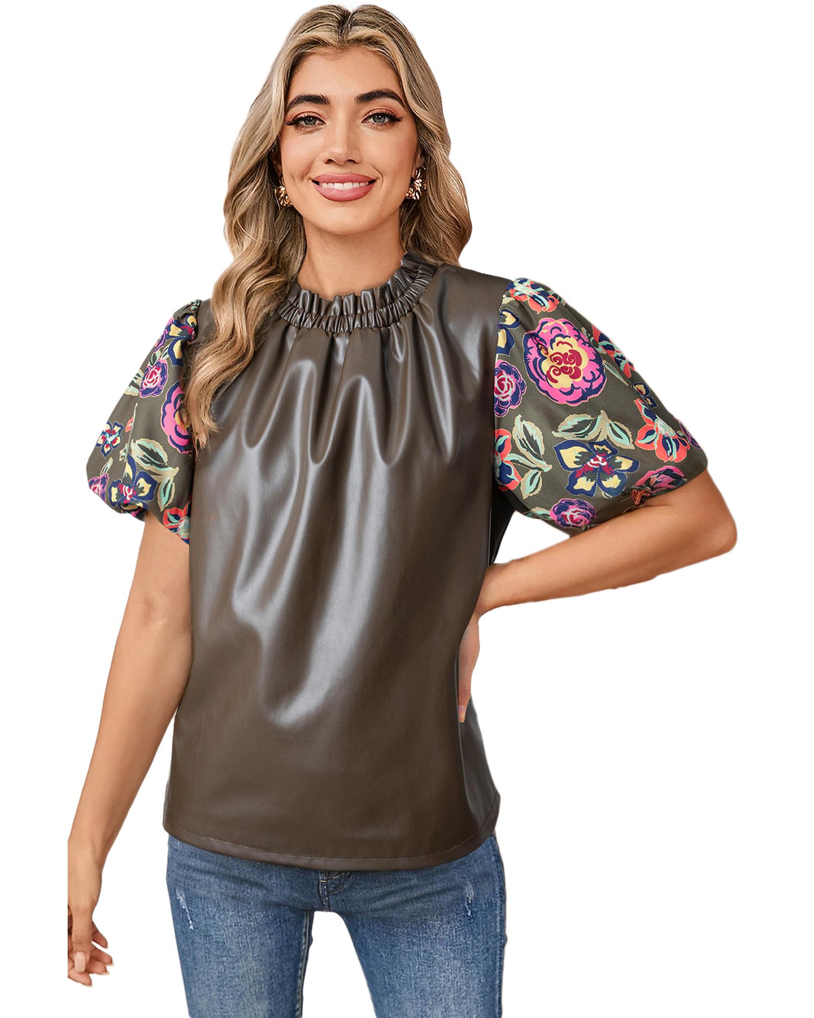 V539-AZEXDC25130409-P2909-L-202508280010-00 Four Leaf Clover Floral Bubble Sleeve Patchwork Leatherette Frilled Round Neck Blouse - L - Image 1