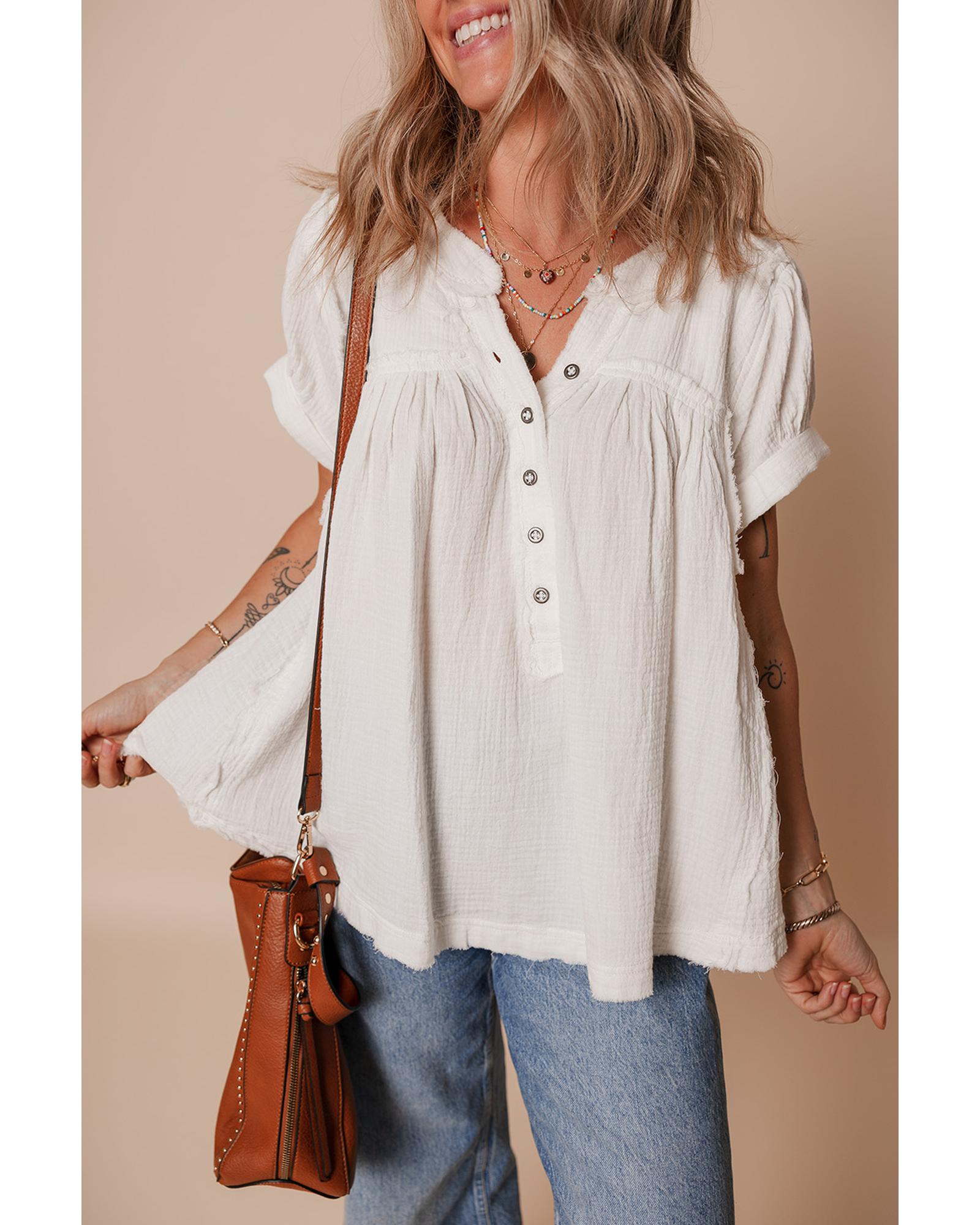 V539-AZEXDC25130421-P1-XL-202508270315-00 White Textured Short Sleeve Buttons Frayed Blouse - XL - Image 1