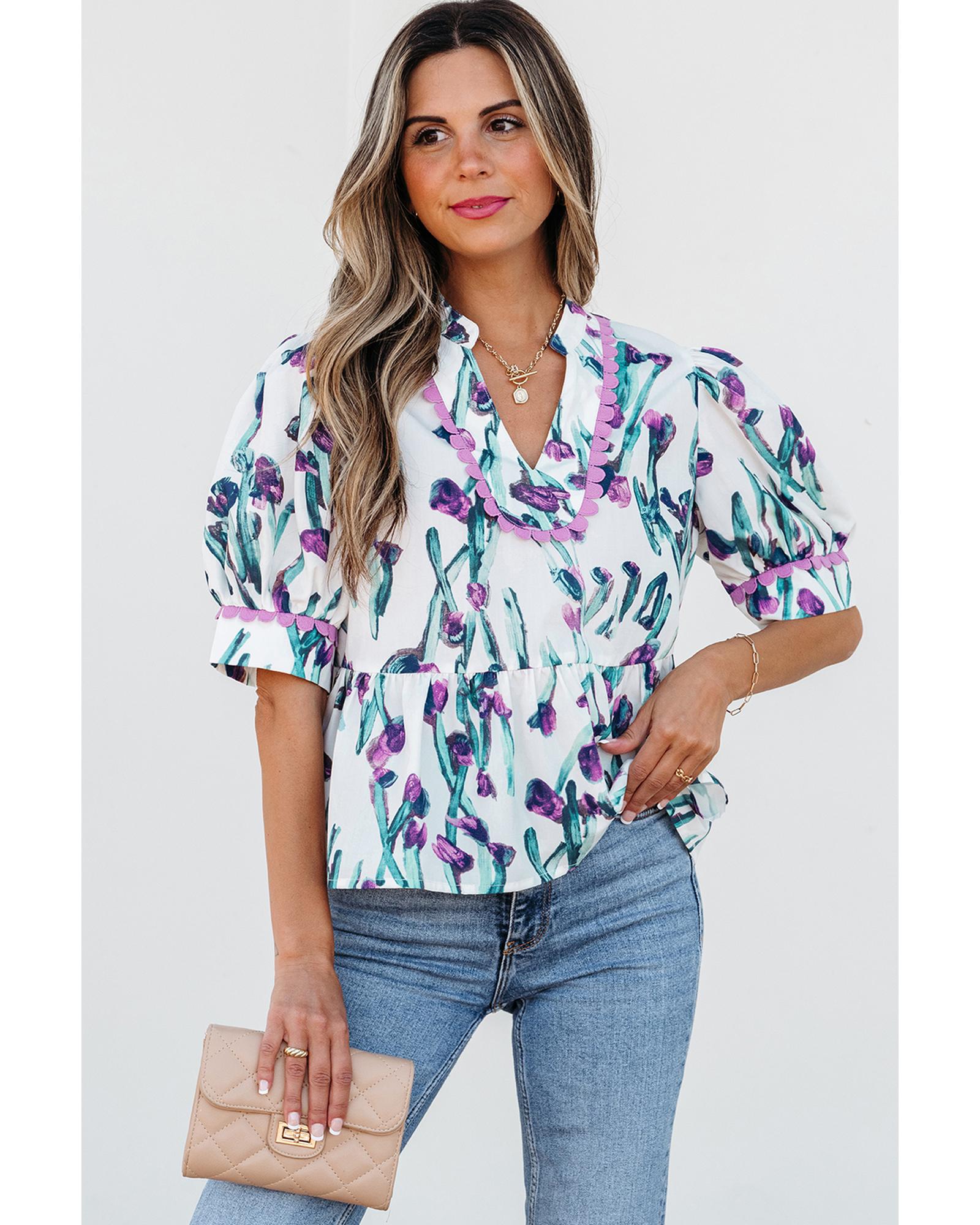V539-AZEXDC25130443-P820-L-202506121341-00 Purple Floral Ricrac Trim Half Sleeve Peplum Top - L - Image 1