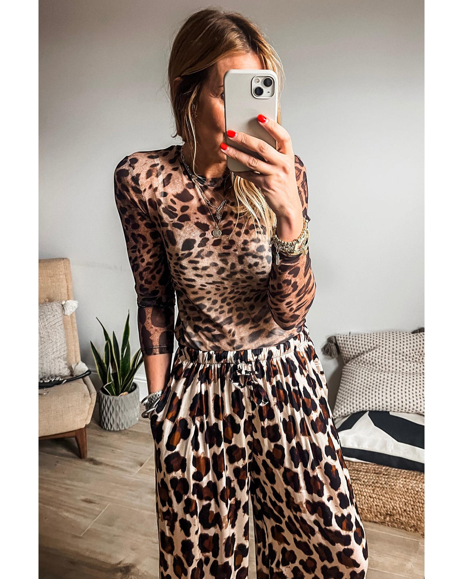 V539-AZEXDC25130530-P1720-XL-202508270215-00 Brown Leopard Round Neck Long Sleeve Slim Top - XL - Image 1