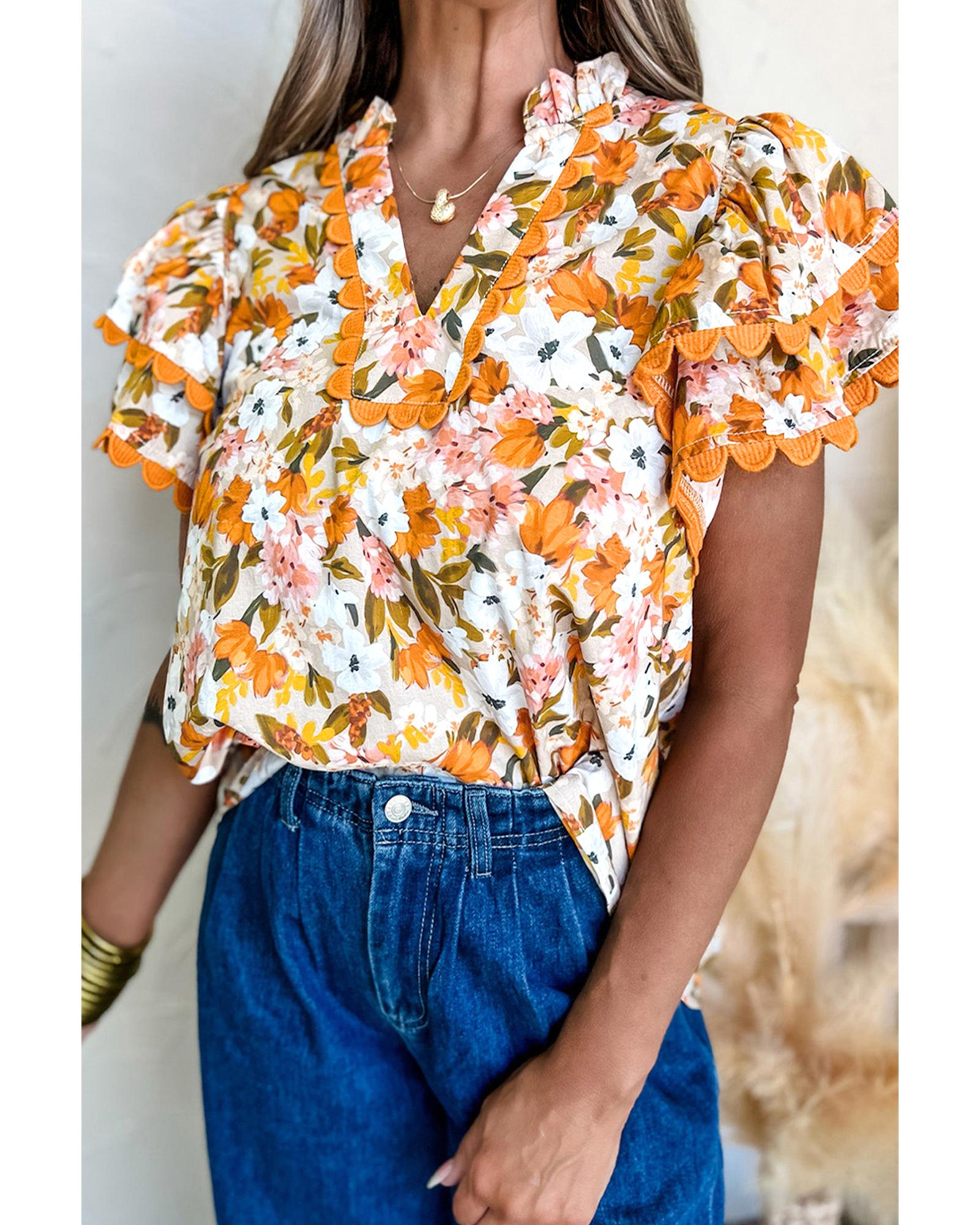 V539-AZEXDC25130541-P7014-L-202508270410-00 Russet Orange Ruffled V Neck Scalloped Short Sleeve Floral Blouse - L - Image 1