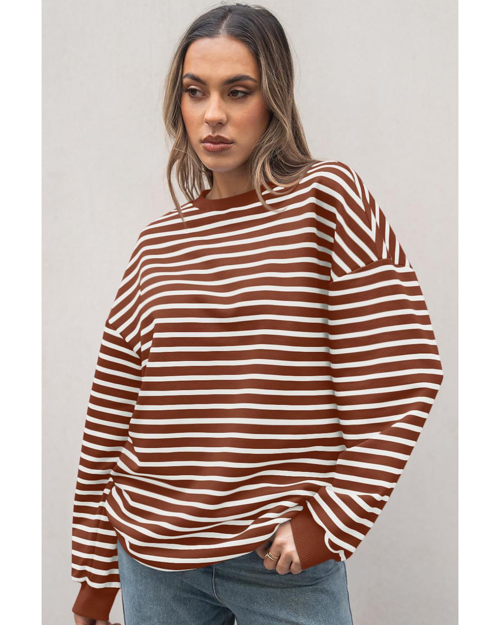V539-AZEXDC25130684-P1017-M-202508270215-00 Coffee Striped Long Sleeve Round Neck Loose Top - M - Image 1