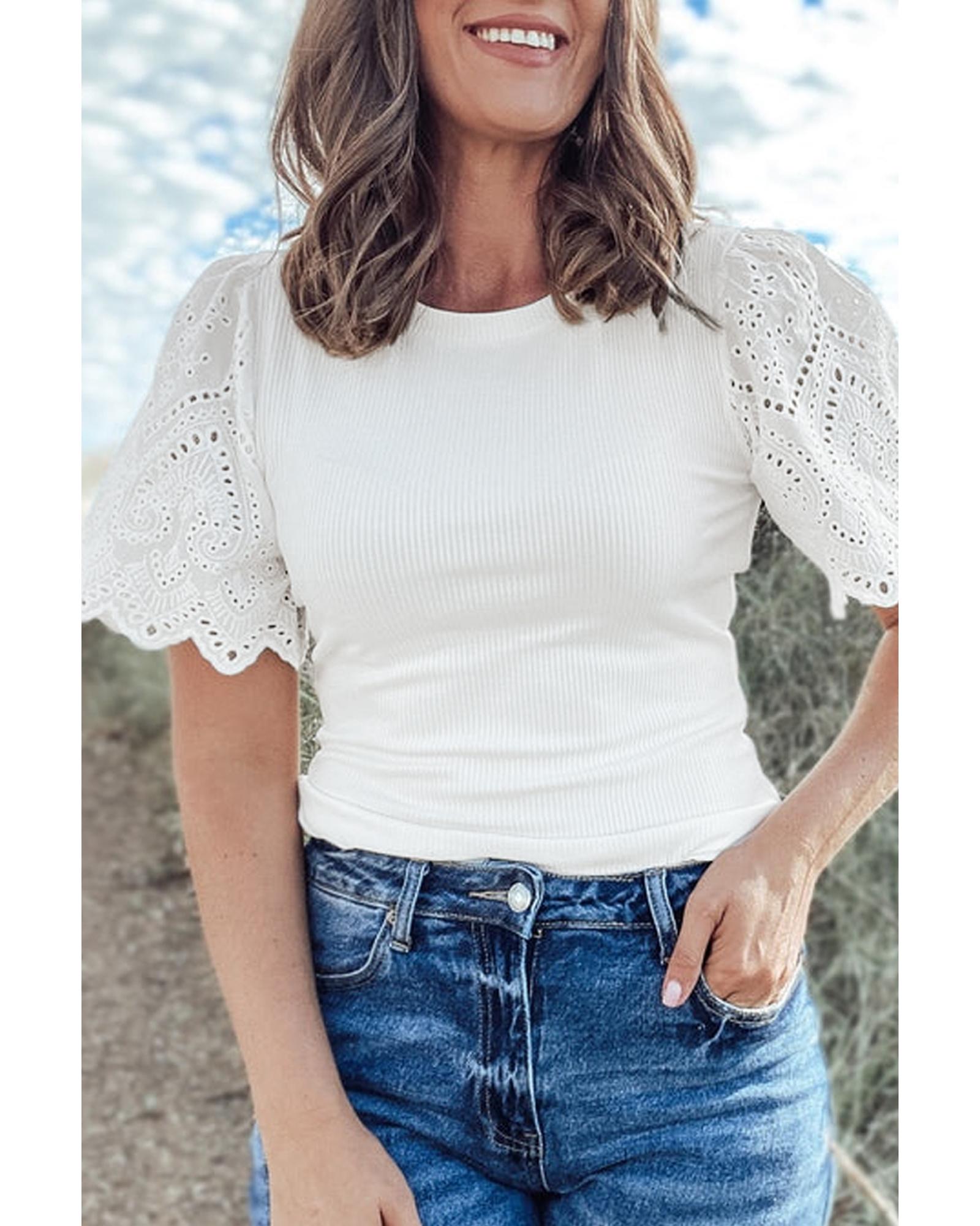 V539-AZEXDC25130686-P101-L-202508270615-00 White Eyelet Pattern Short Sleeve Patchwork Ribbed Top - L - Image 1