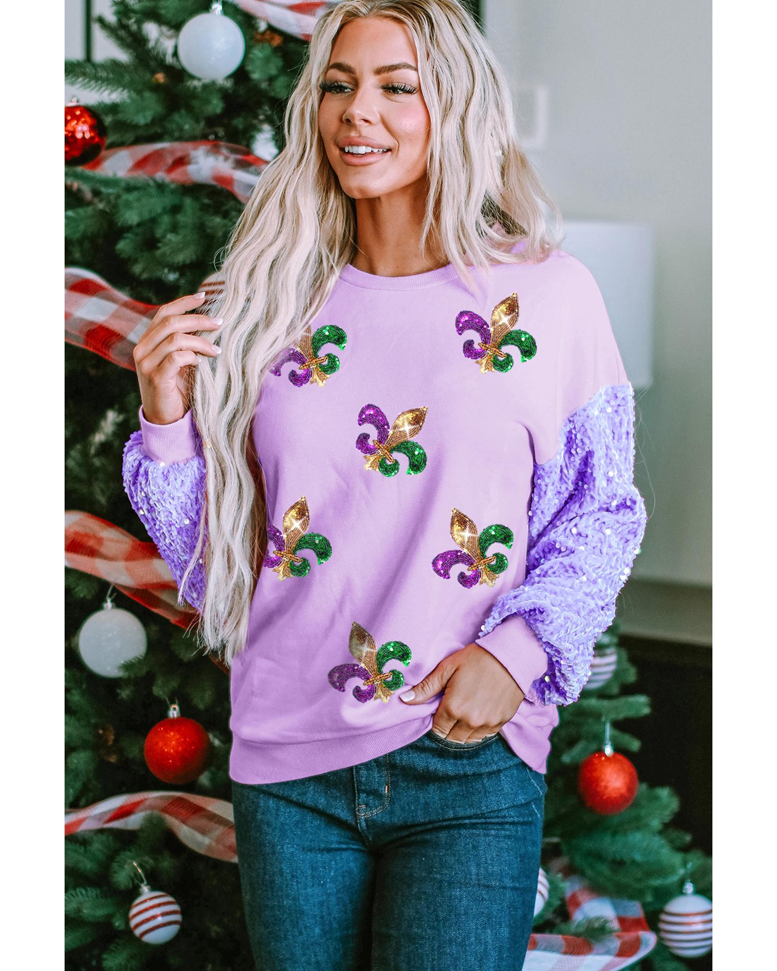 V539-AZEXDC25130748-P708-XL-202508272340-00 Orchid Petal Sequin Patchwork Long Sleeve Fleur de Lis Patched Pattern Top - XL - Image 1