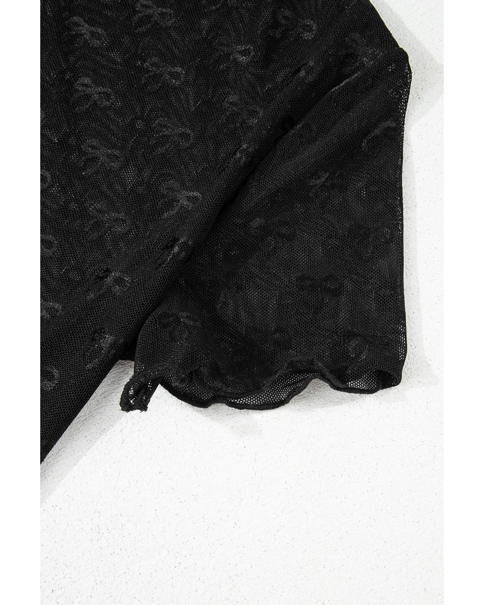 V539-AZEXDC25130844-P2-XL-202508271500-00 Black Bowknot Sheer Mesh Mock Neck Lettuce Trim Short Sleeve Top - XL - Image 1